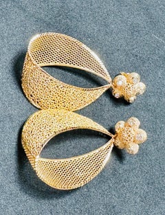 Vintage 21 Kt Yellow Gold 12.8 Gm Dangling Earrings With Diamonds, 2.2 Inch Long