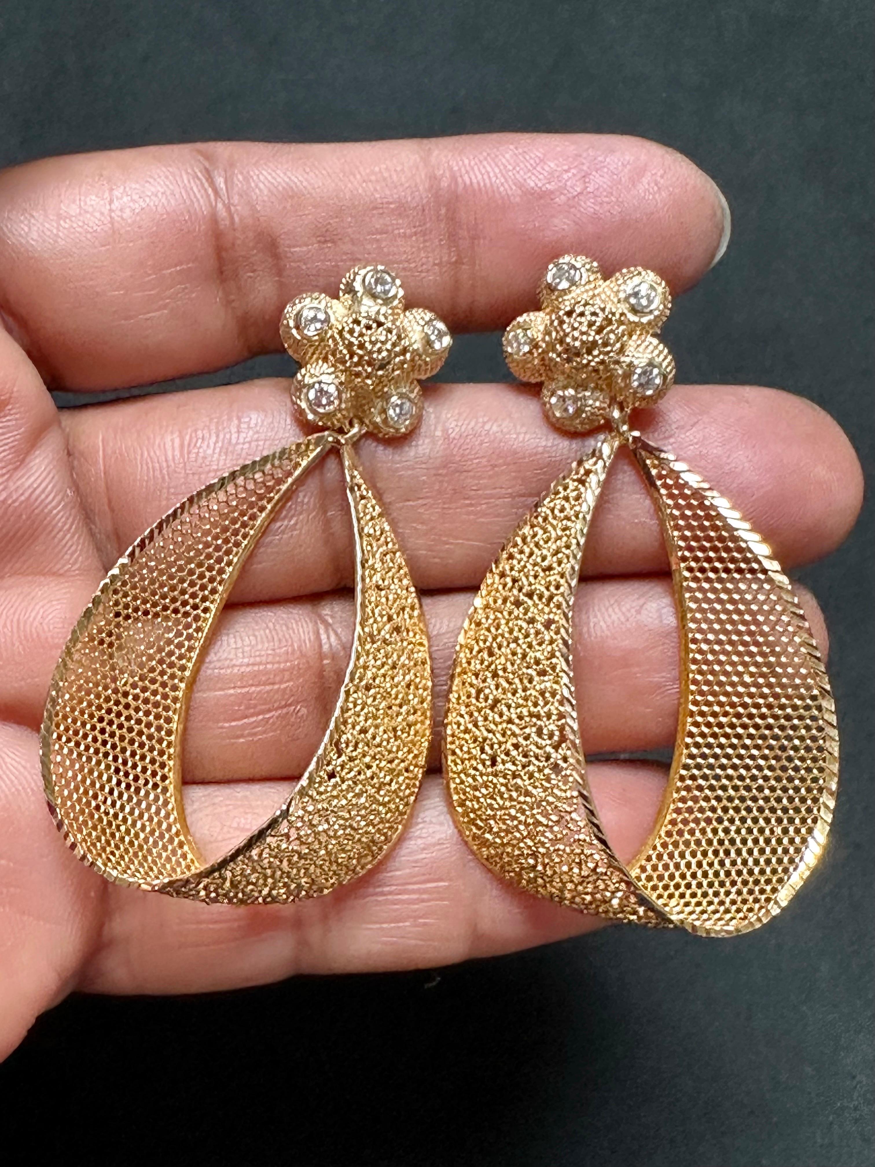 Vintage 21 Kt Yellow Gold 12.8 Gm Dangling Earrings With Diamonds, 2.2 Inch Long In Excellent Condition For Sale In New York, NY