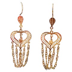 Vintage 21 Kt Yellow Gold 7.5 Gm Heart Dangling Earrings, 2.6 Inch Long