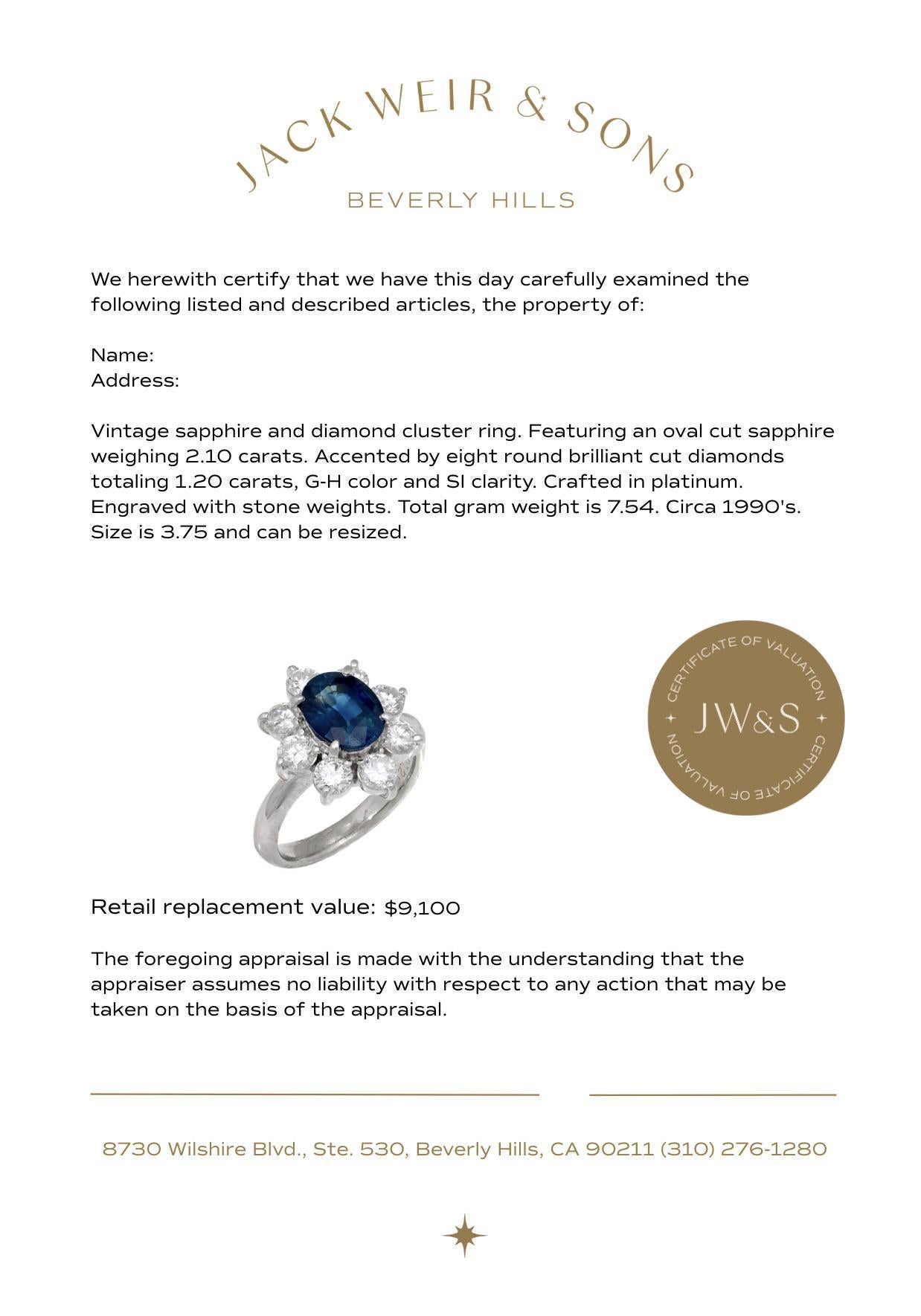 Women's Vintage 2.10 carat sapphire diamond platinum cluster ring For Sale