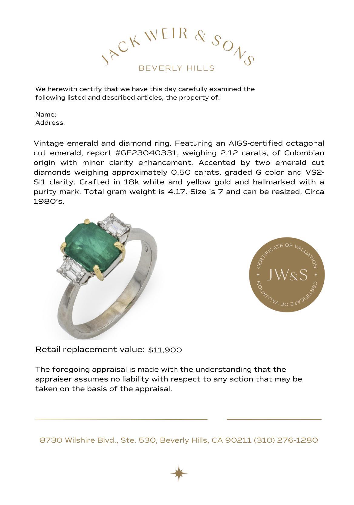 Vintage 2,12 Karat kolumbianischer Smaragd Diamant 18k Weiß- und Gelbgoldring im Angebot 2