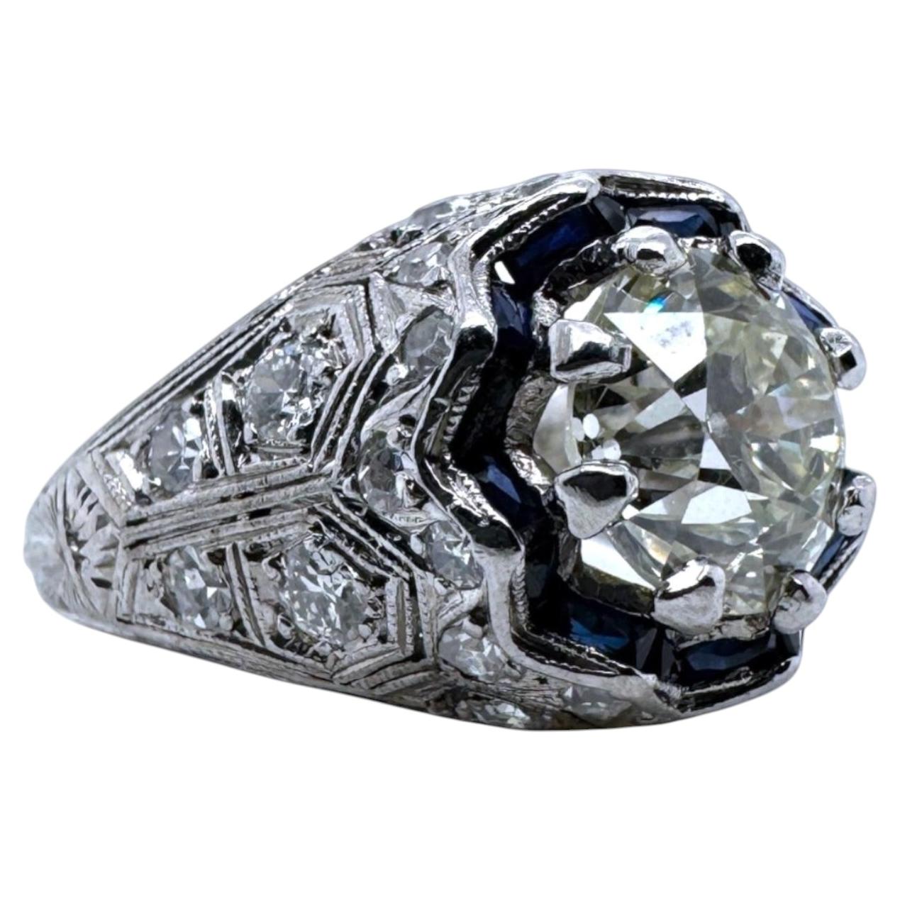 Vintage 2.13 Carat Old European Cut Platinum Diamond Engagement Ring GIA