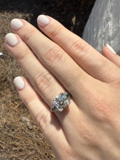 Vintage 2.14 Carat Old European Cut Diamond & Emerald Platinum Engagement Ring