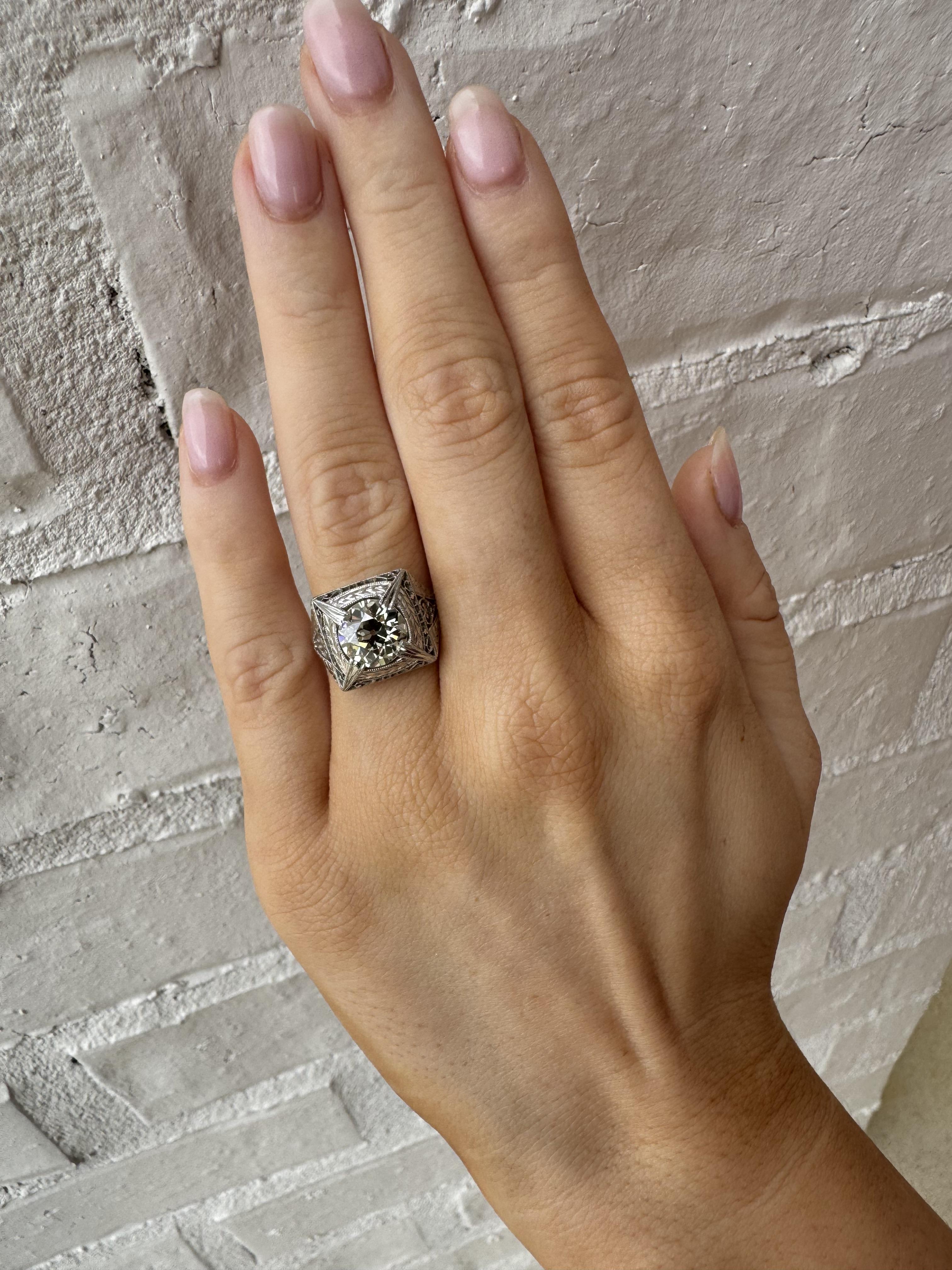 We are loving this vintage beauty!!

Ring Details
Material: Platinum
Era: Edwardian 1900 - 1920
Head Width: 12.7mm
Head Height: 4.5mm
Shank Width: 1.5mm
Weight: 4.4 Grams
Finger Size: 5
Sizable Upon Request

Accented by the following gemstones
1 -