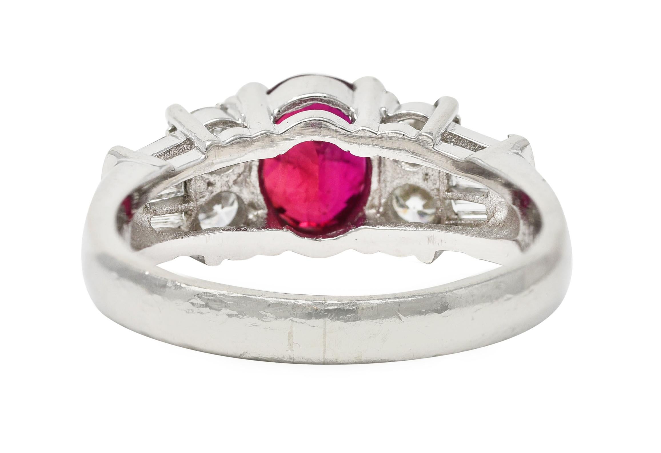 Contemporary Vintage 2.14 Carats Oval Cut Thai Ruby Diamond Platinum Gemstone Ring GIA