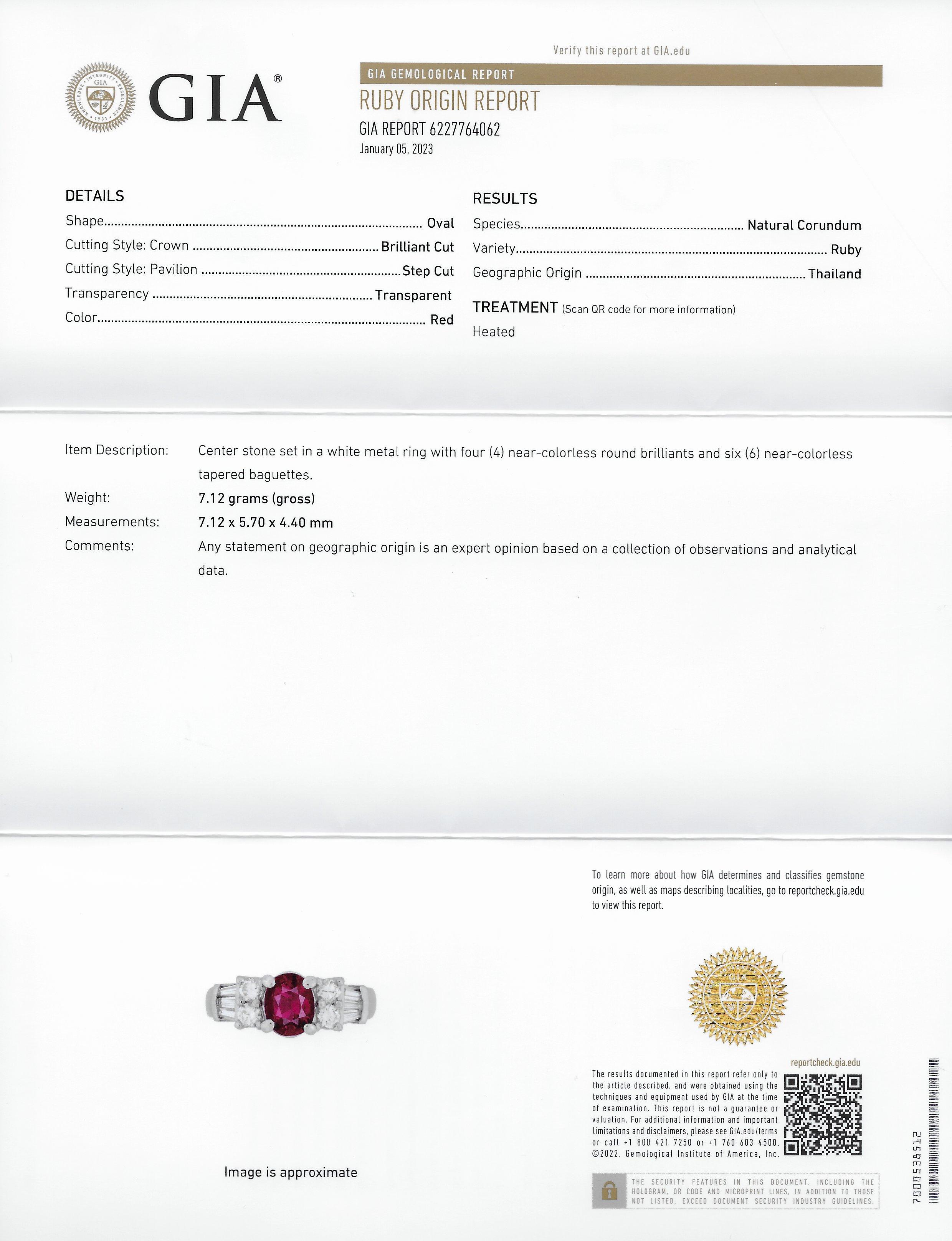 Vintage 2.14 Carats Oval Cut Thai Ruby Diamond Platinum Gemstone Ring GIA 3