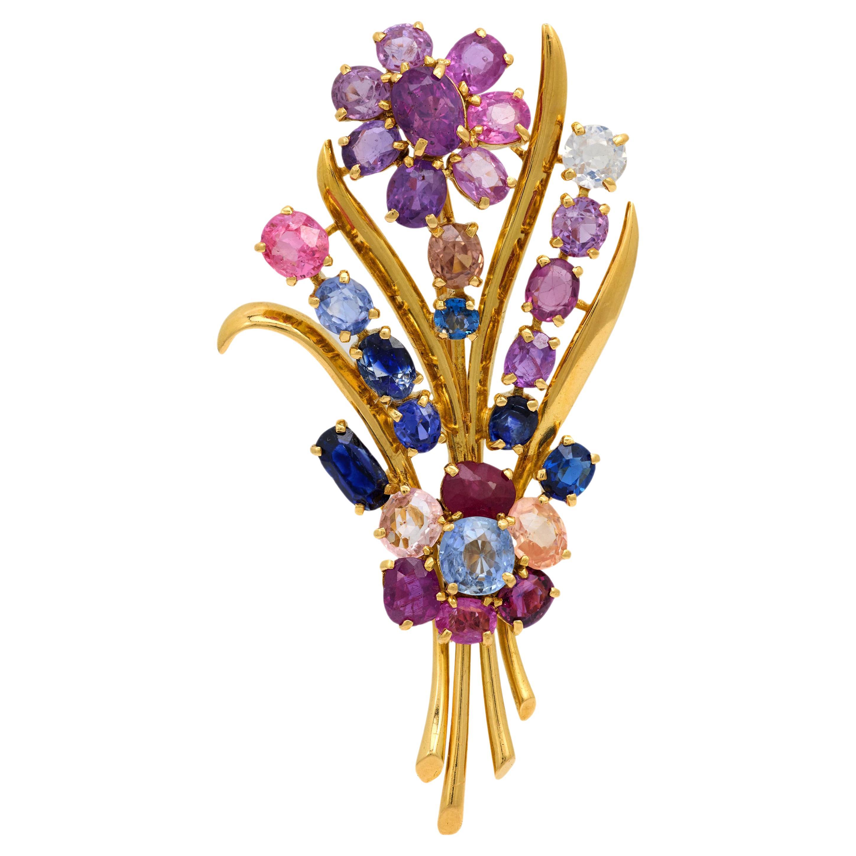 Spilla bouquet d'epoca in oro giallo 14k con zaffiro multicolore da 21,40 carati