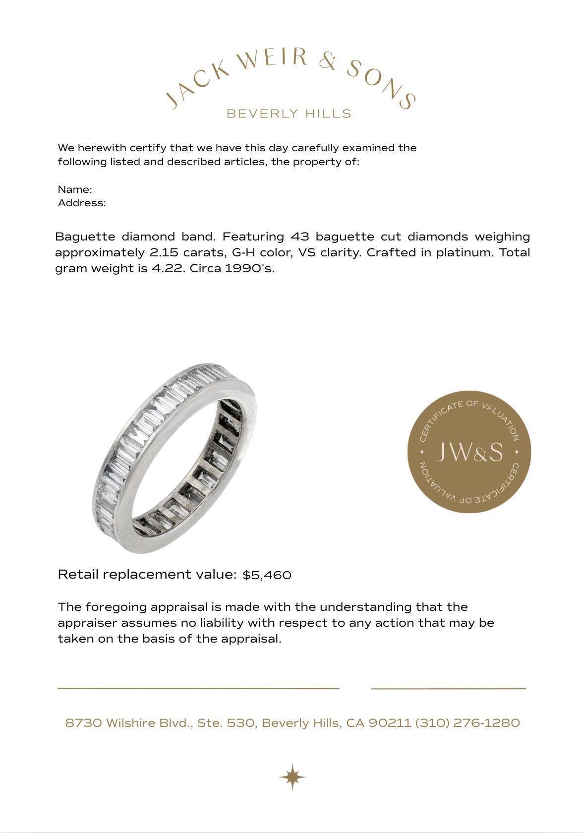 Baguette Cut Vintage 2.15 carat baguette cut diamond platinum eternity band For Sale