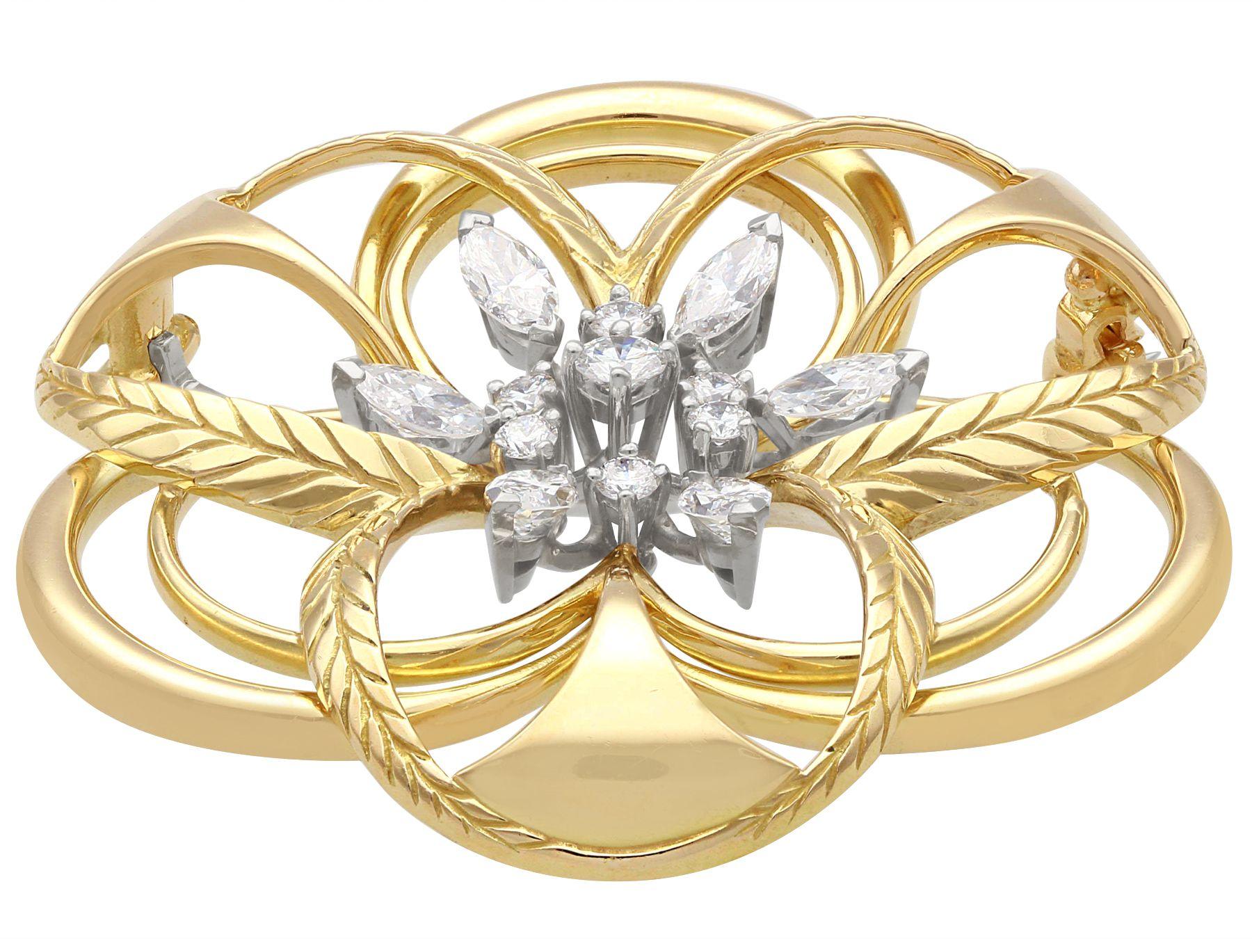 Marquise Cut Vintage 2.15 Carat Diamond and Yellow Gold Brooch For Sale
