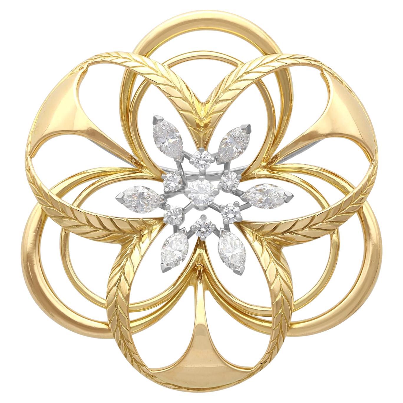 Vintage 2.15 Carat Diamond and Yellow Gold Brooch Circa 1960