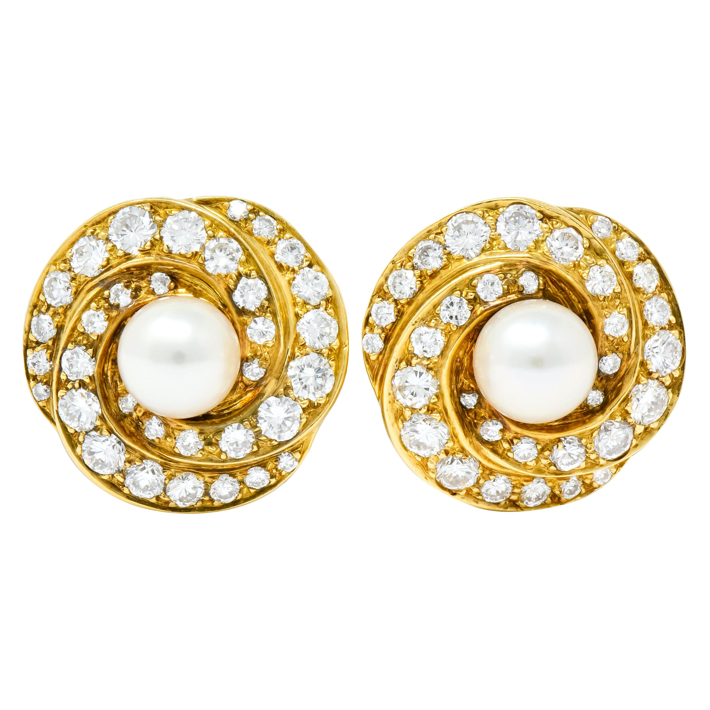 Vintage 2.15 Carat Diamond Pearl 18 Karat Gold Swirl Ear-Clip Earrings