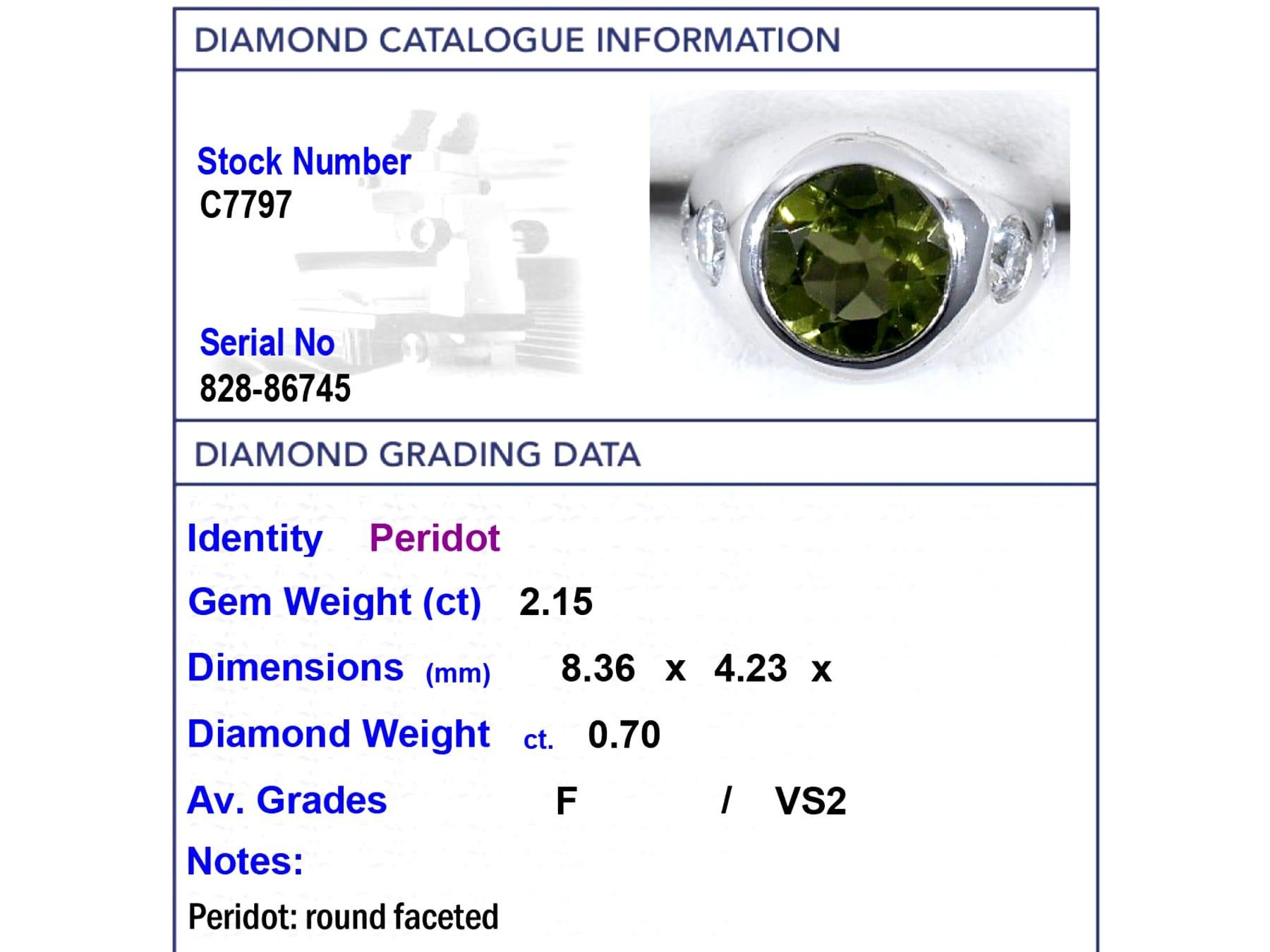 Vintage 2.15 Carat Peridot and 0.70 Carat Diamond, Platinum Dress Ring For Sale 2
