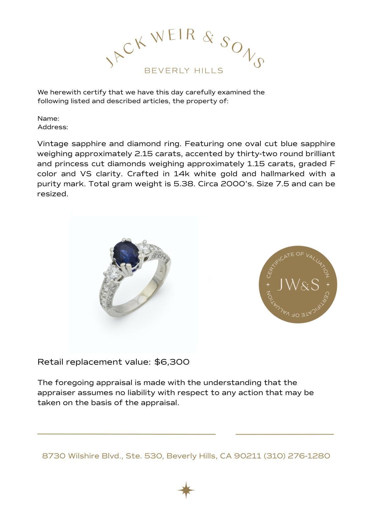 Vintage 2,15 Karat Saphir Diamant 14k Weißgold Ring im Angebot 1