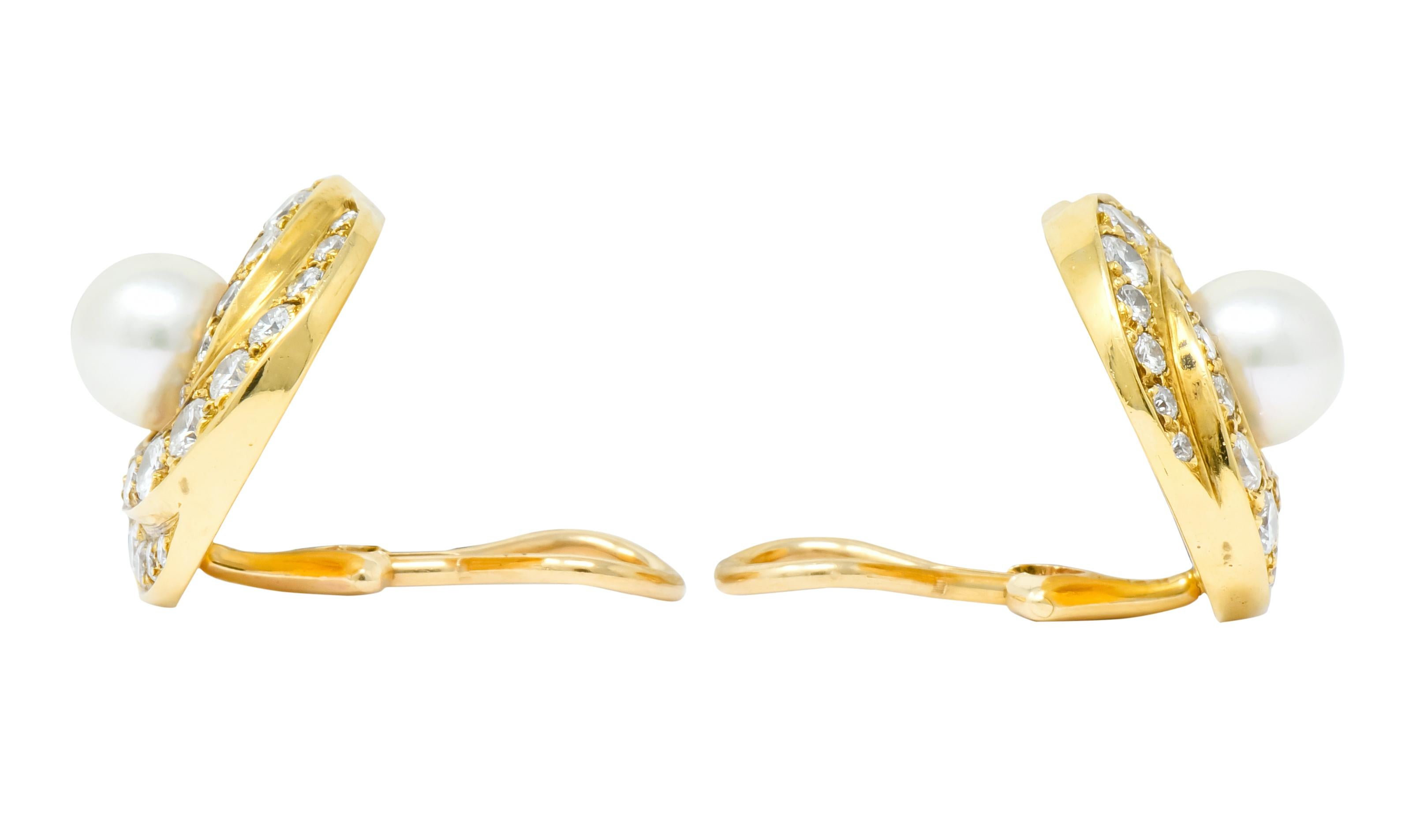 Vintage 2.15 Carat Diamond Pearl 18 Karat Gold Swirl Ear-Clip Earrings 2