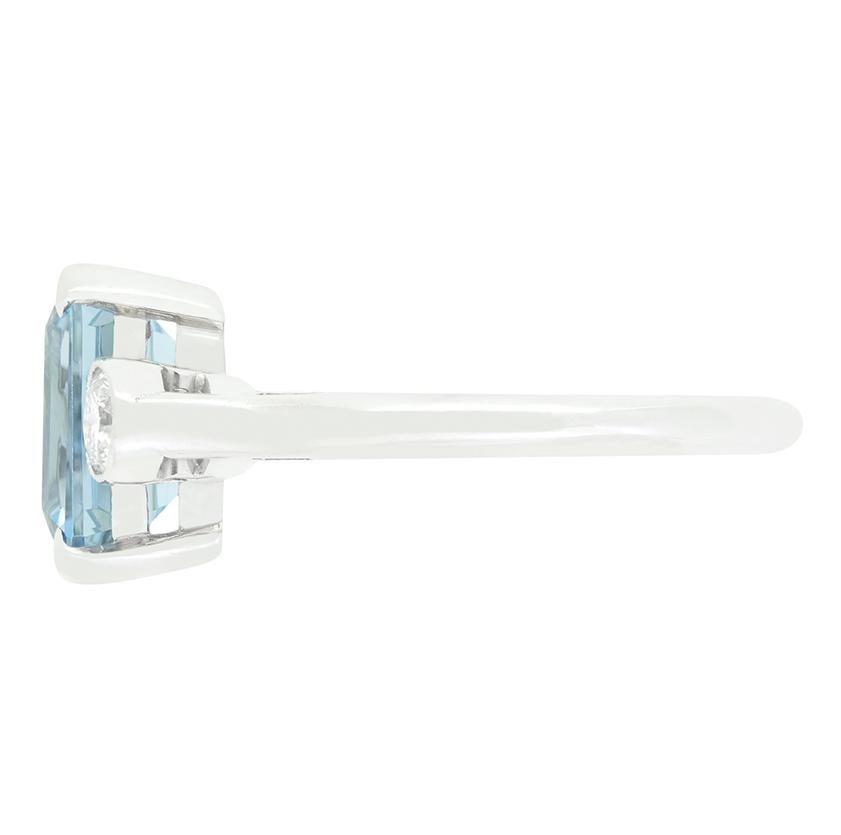 Emerald Cut Vintage 2.15ct Aquamarine and Diamond Trilogy Ring, c.1940s For Sale