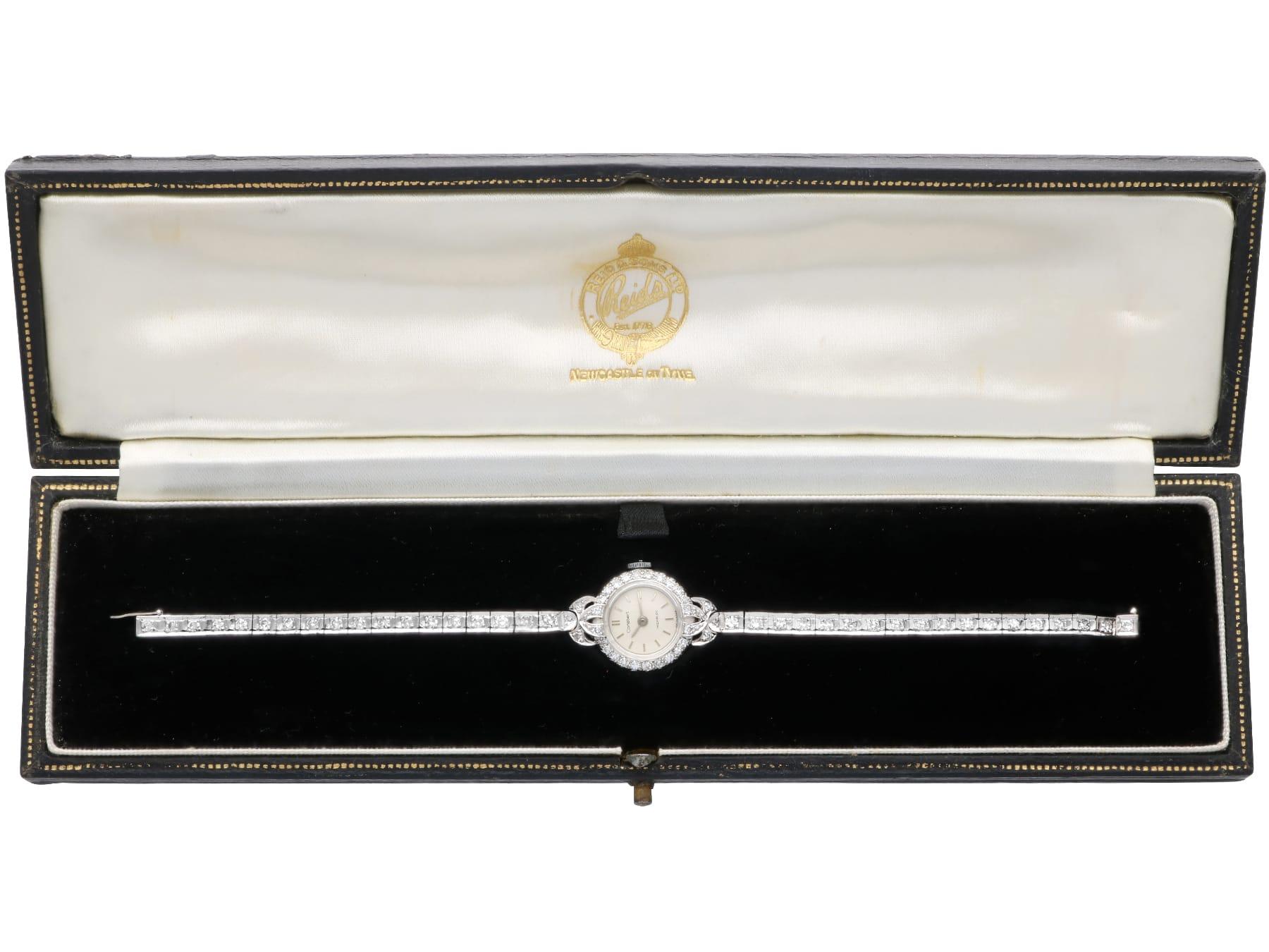 Vintage 2.16 Carat Diamond, Platinum and 18k White Gold Ladies Watch Circa 1940 en vente 13