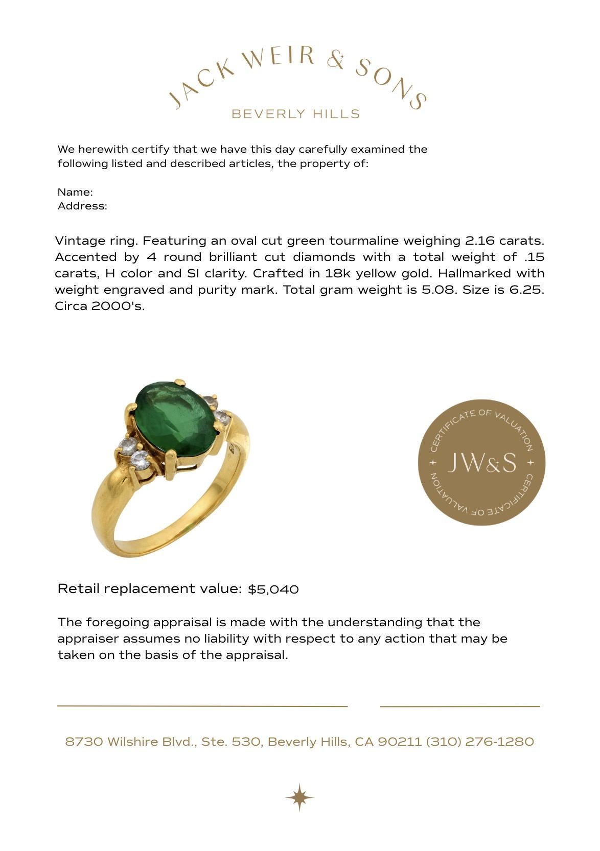 Women's Vintage 2.16 carat green tourmaline diamond 18k yellow gold ring For Sale