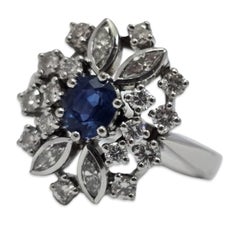 Vintage 2.16ctw Sapphire & Diamond Floral Cluster Ring 18k White Gold