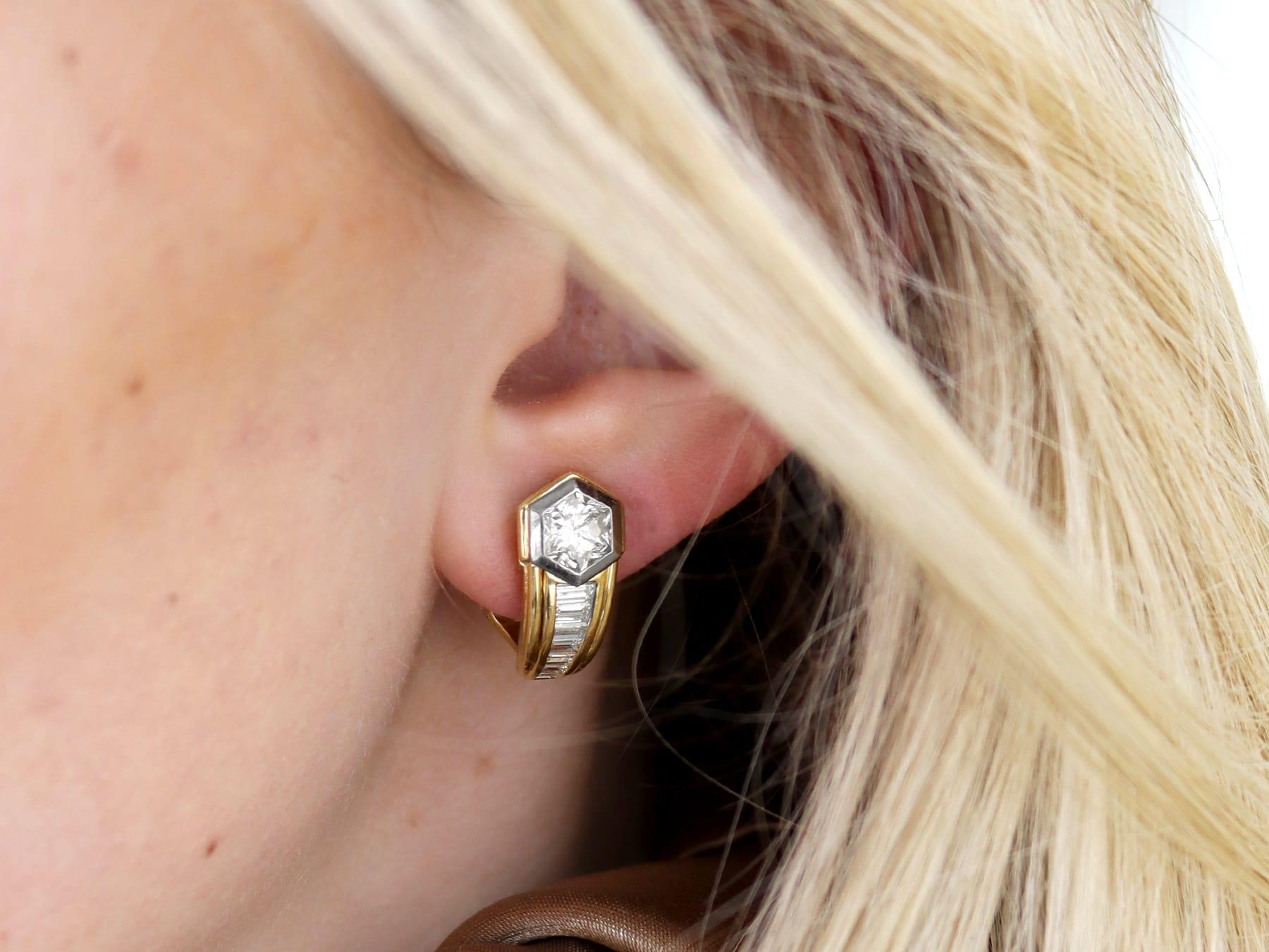 A stunning, fine and impressive pair of vintage 1950s 2.17 carat diamond and 18 karat yellow gold earrings; part of our diverse antique jewelry and estate jewelry collections.

These stunning, fine and impressive vintage diamond earrings have been