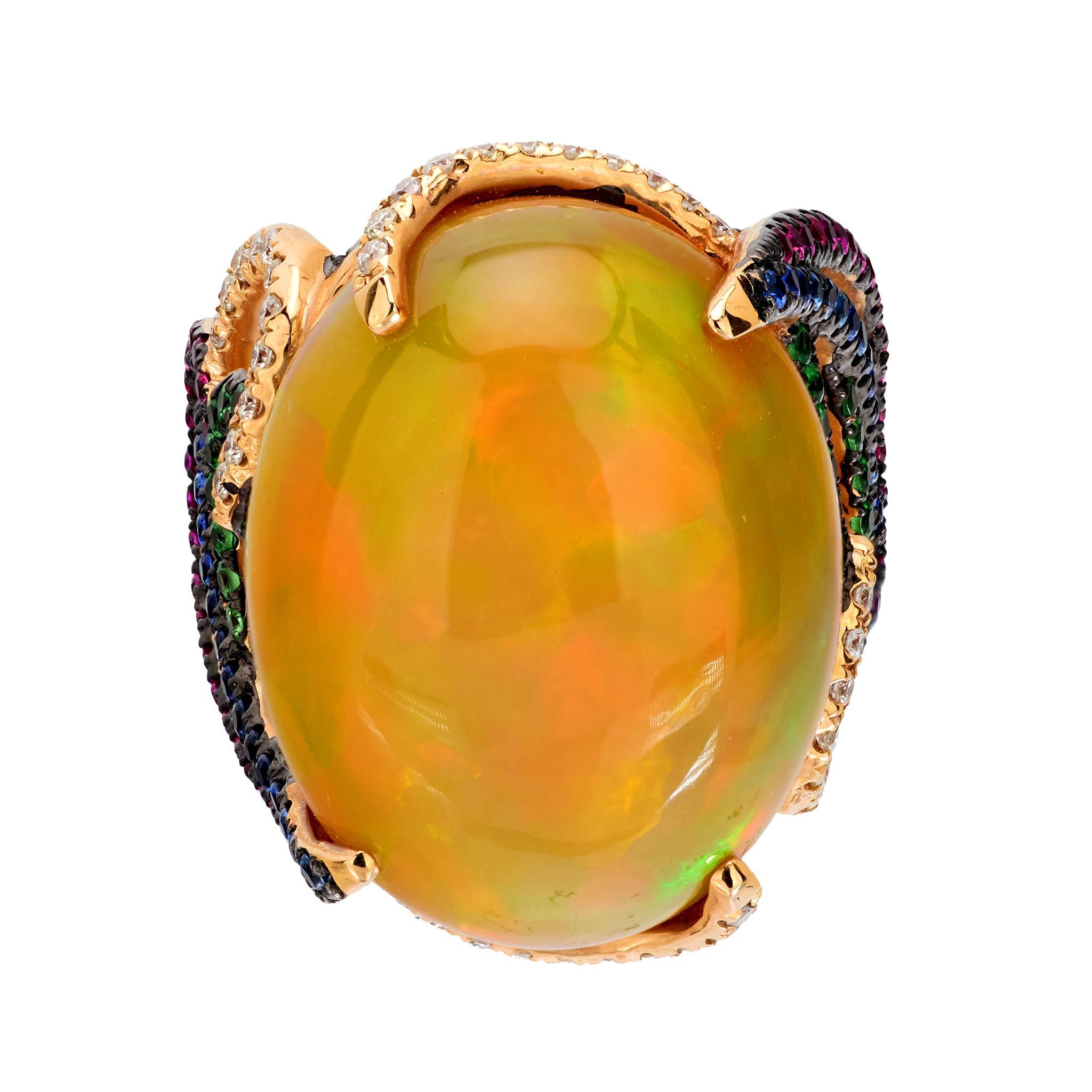Modern Vintage 21.70 carat opal diamond ruby tsavorite sapphire cocktail ring