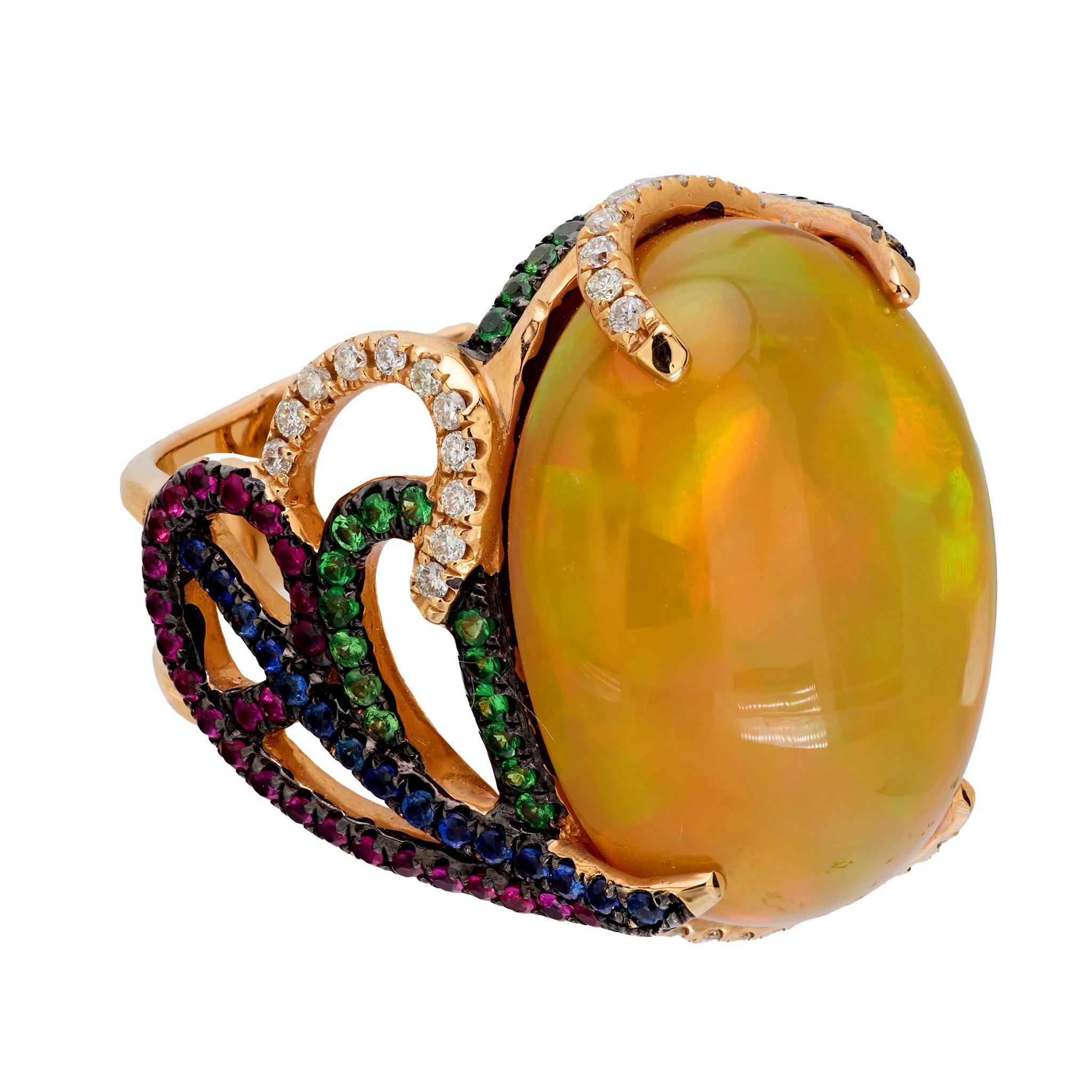 Cabochon Vintage 21.70 carat opal diamond ruby tsavorite sapphire cocktail ring