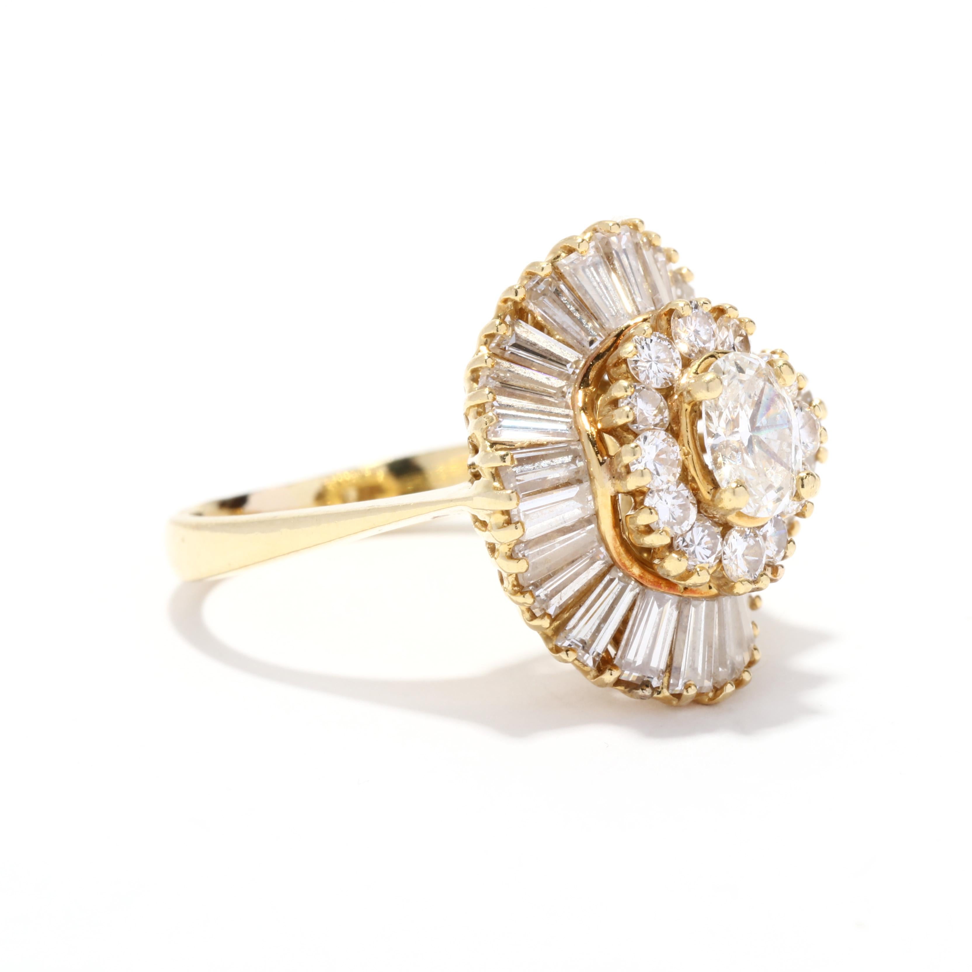 A vintage 18 karat yellow gold natural diamond ballerina ring. This statement ring features a prong set, oval cut center diamond weighing approximately .50 carat surrounded by a halo of full cut round diamonds weighing approximately .42 total