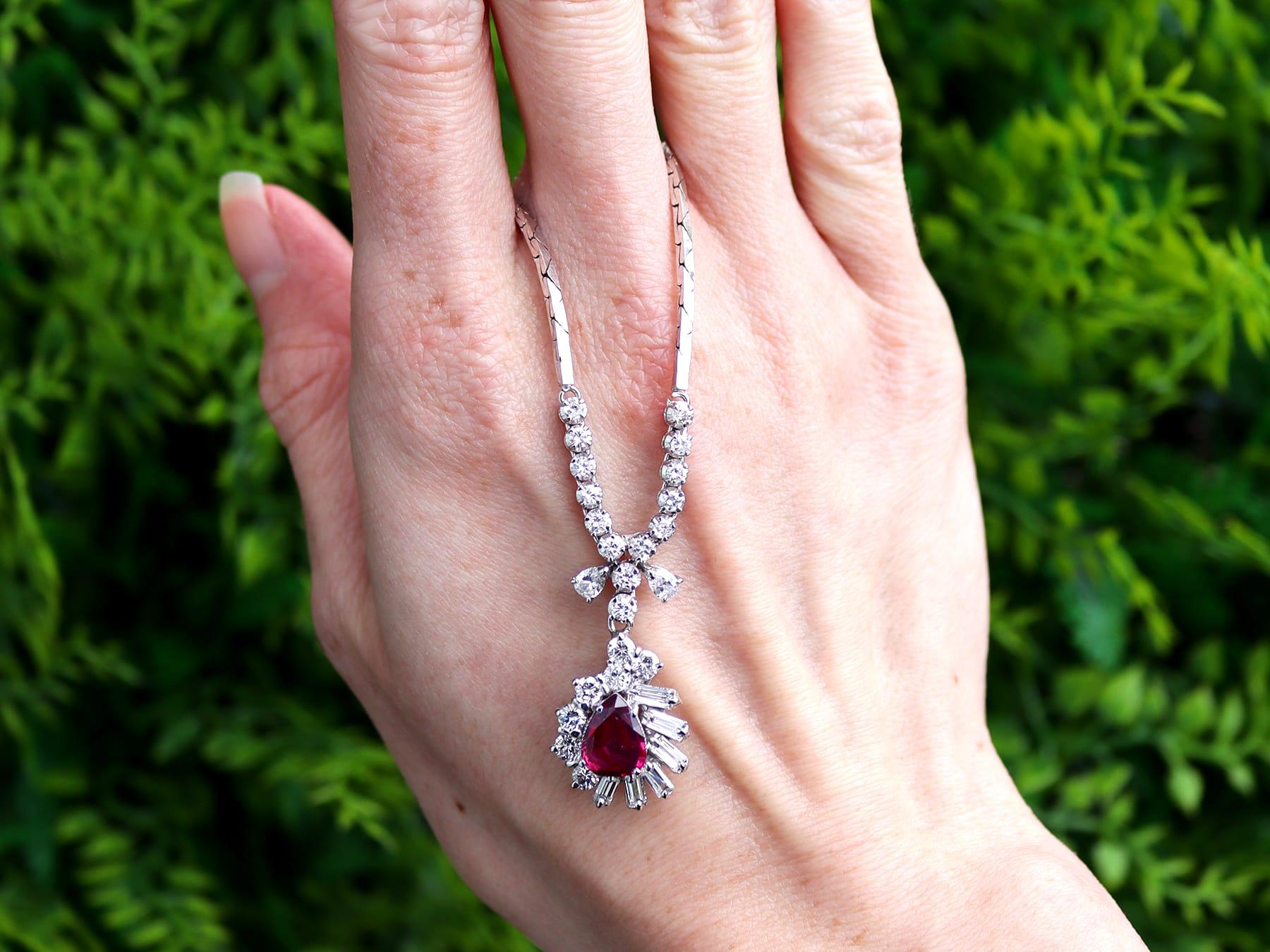 A stunning, fine and impressive vintage 2.18 carat ruby and 2.30 carat diamond, 18 karat and 9 karat white gold necklace; part of our diverse vintage ruby jewellery collections.

This fine and impressive vintage necklace has been crafted in 9k white
