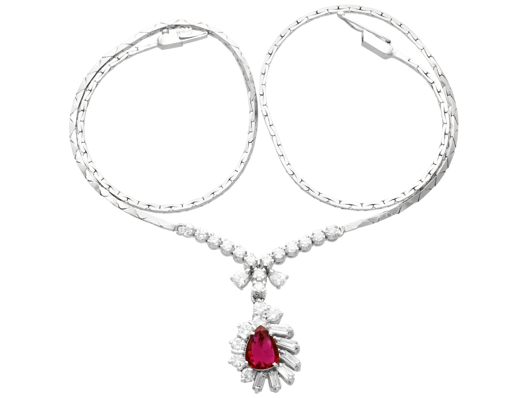 Pear Cut Vintage 2.18Ct Ruby and 2.30Ct Diamond 9k White Gold Necklace Circa 1970 For Sale