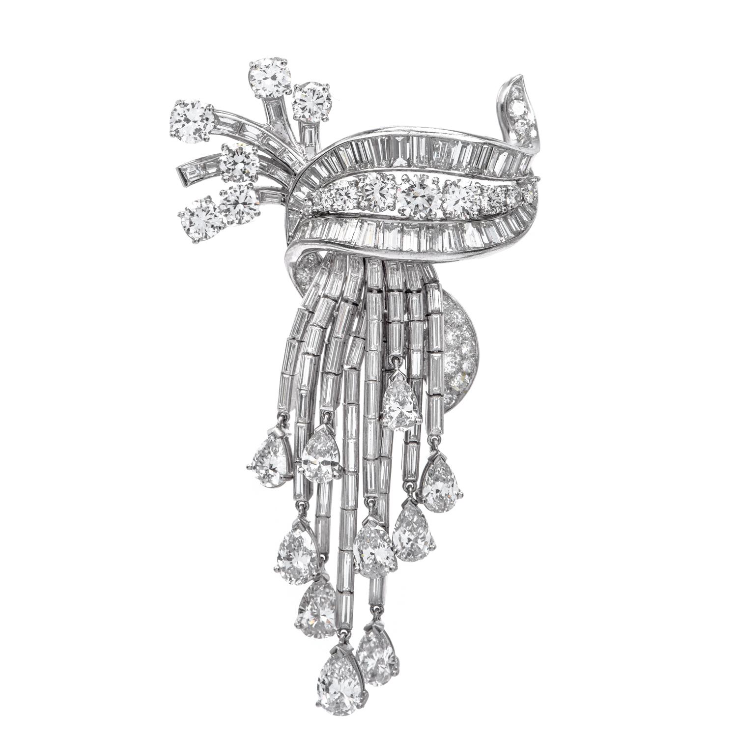 Retro Vintage 21.90cts Platinum Mixed-Cut Natural Diamond Tassel Brooch Pin For Sale