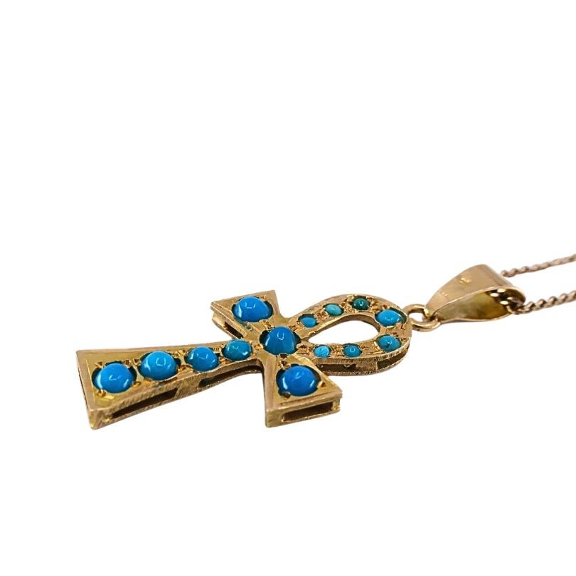Vintage 21k Gold Türkis Ankh Anhänger 14k Gold Kette Halskette im Zustand „Gut“ im Angebot in Beverly Hills, CA