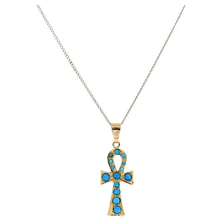 Vintage 21k Gold Turquoise Ankh Pendant 14k Gold Chain Necklace