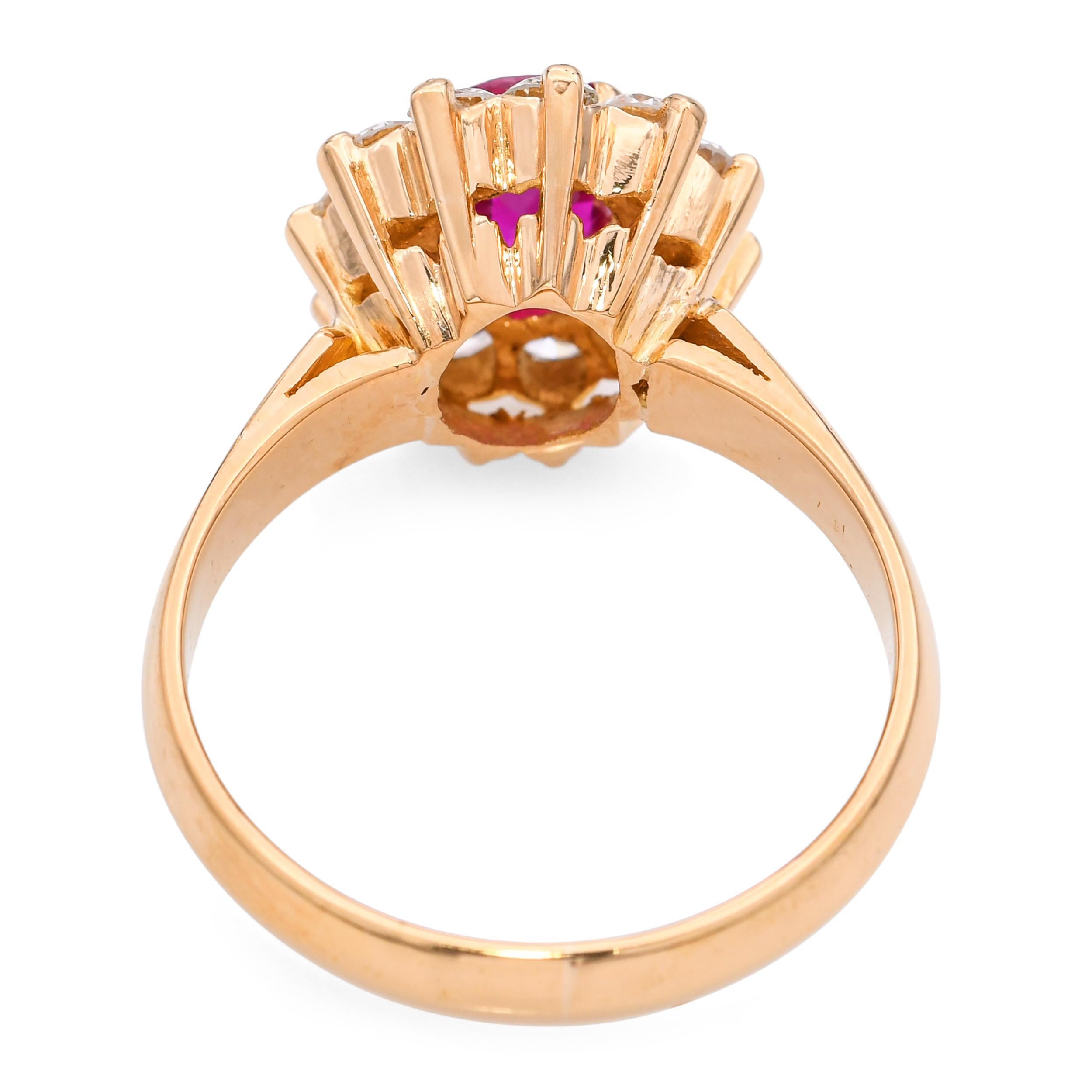 Women's Vintage 21K Yellow Gold 0.75ct Ruby and Diamond Halo Ring For Sale