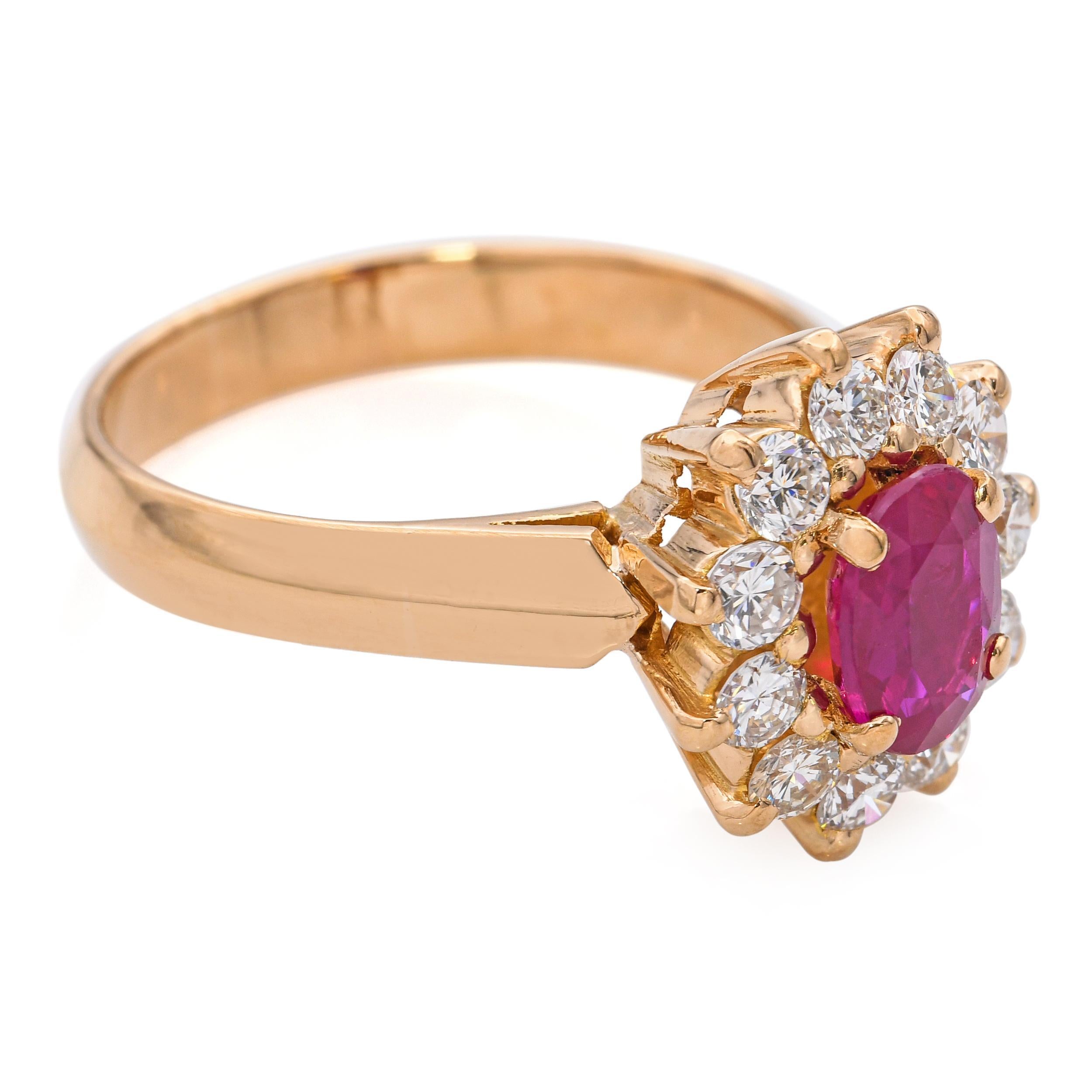 Vintage 21K Yellow Gold 0.75ct Ruby and Diamond Halo Ring For Sale 1