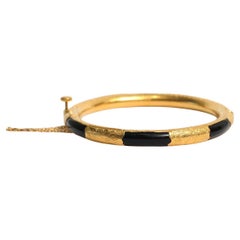Vintage Bangle con cerniera in oro giallo 21k, giada nera cinese, 7 pollici - 17.9g