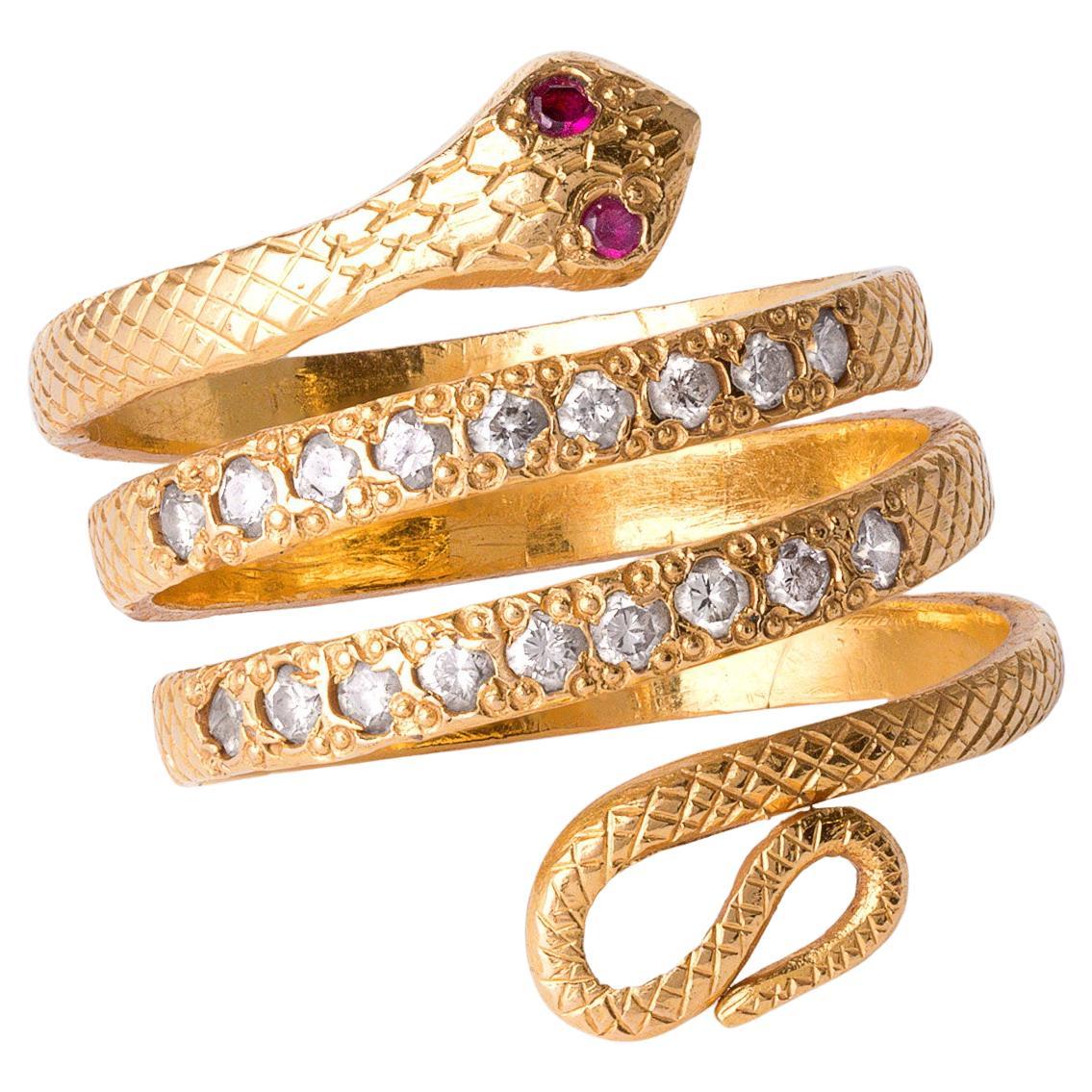 Vintage 21K Yellow Gold Snake Ring with Diamond Accents & Ruby Eyes – 9.1 Grams