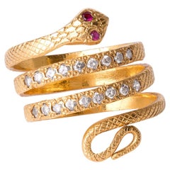 Vintage 21K Yellow Gold Snake Ring with Diamond Accents & Ruby Eyes – 9.1 Grams