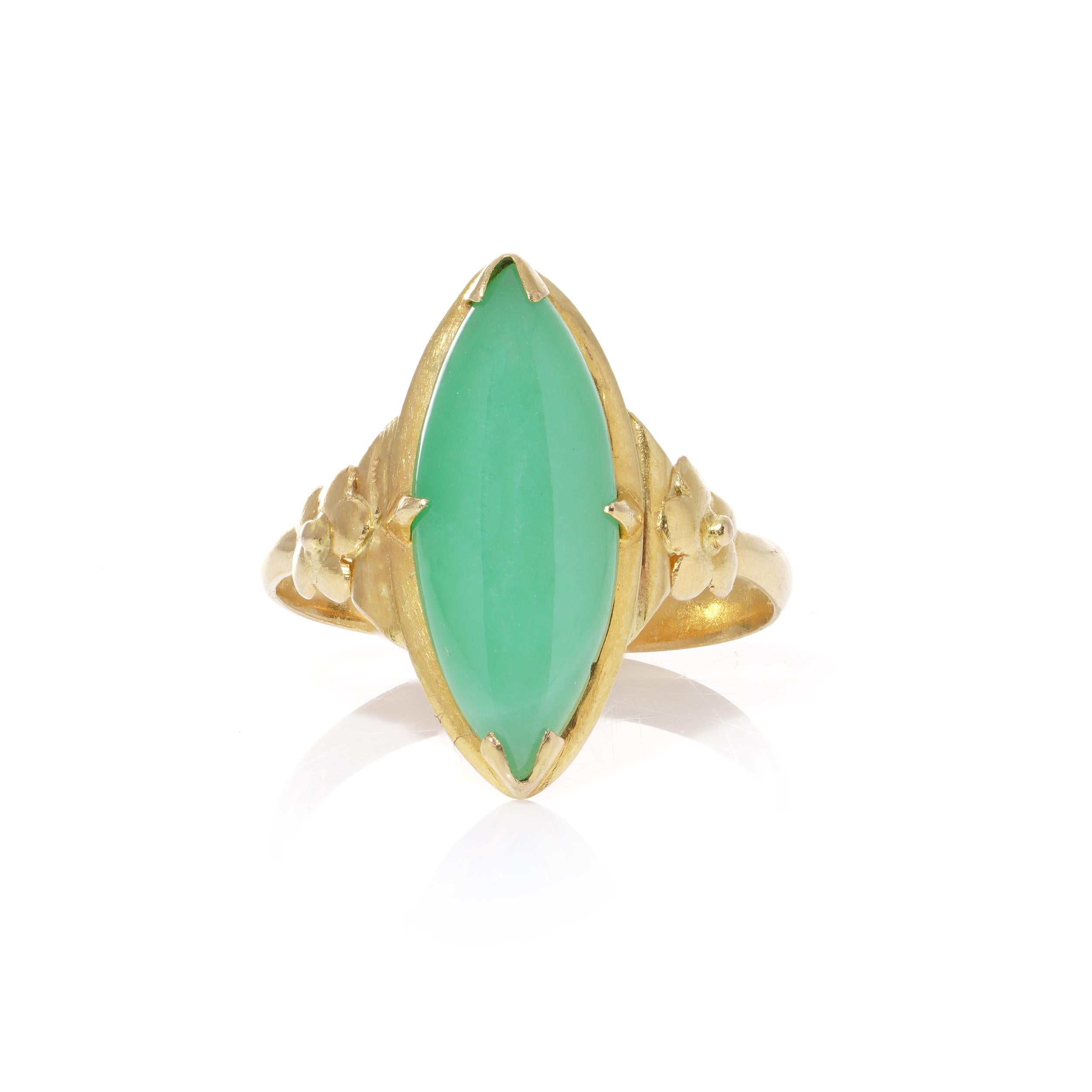 Vintage 21kt. yellow gold marquise cut jade ring. 
Made in Circa. 1990's 
X - Ray been tested positive for 21kt. gold.
Bearing Chinese characters. 

Dimensions:
Finger Size (UK) = M - N  (US) = 6.5 - 7 EU) = 54 - 55 
Length x width x height: 2.2 x