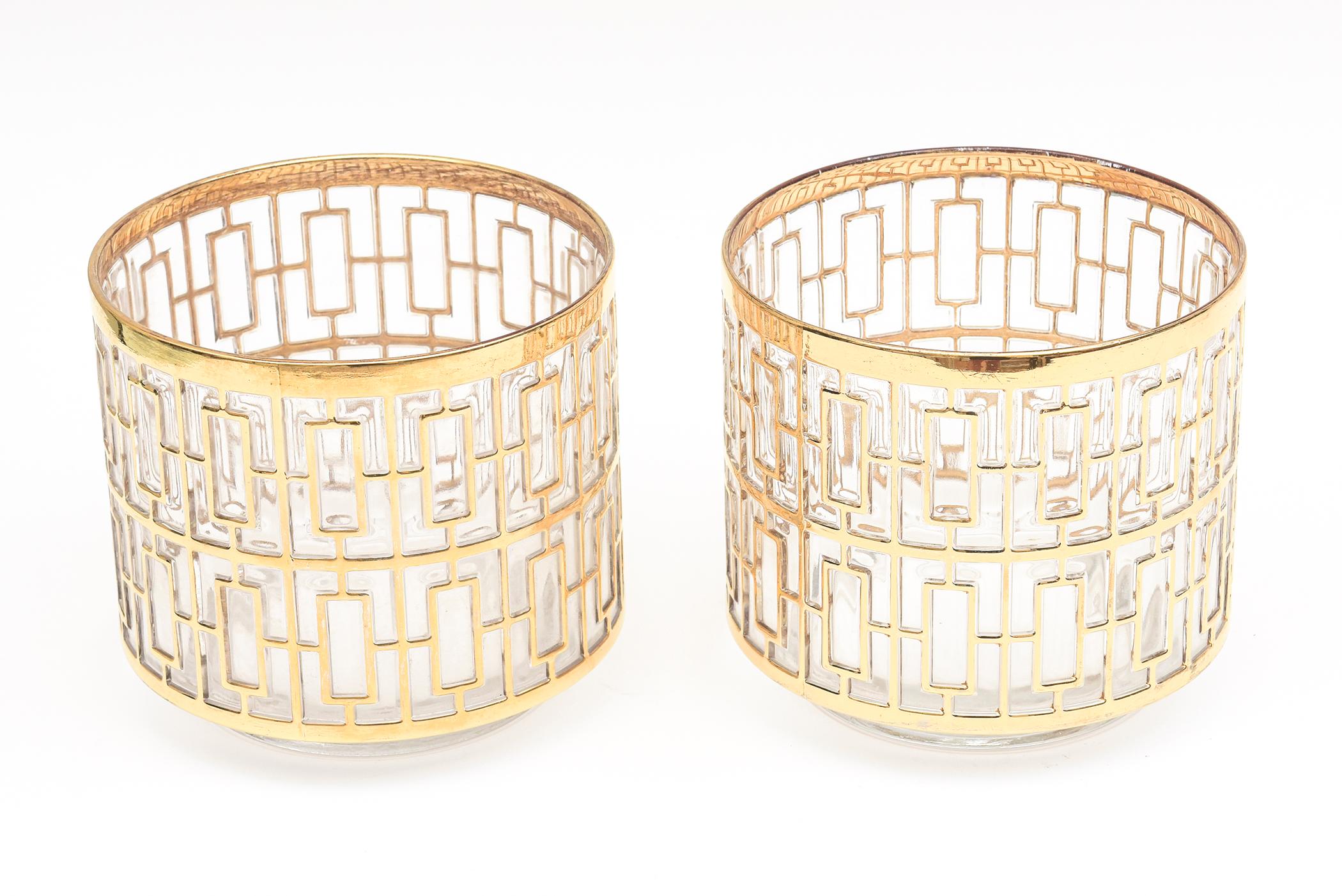 22 Carat Gold Overlay Imperial Glass Shoji Screen Ice Buckets Pair of Barware For Sale 4