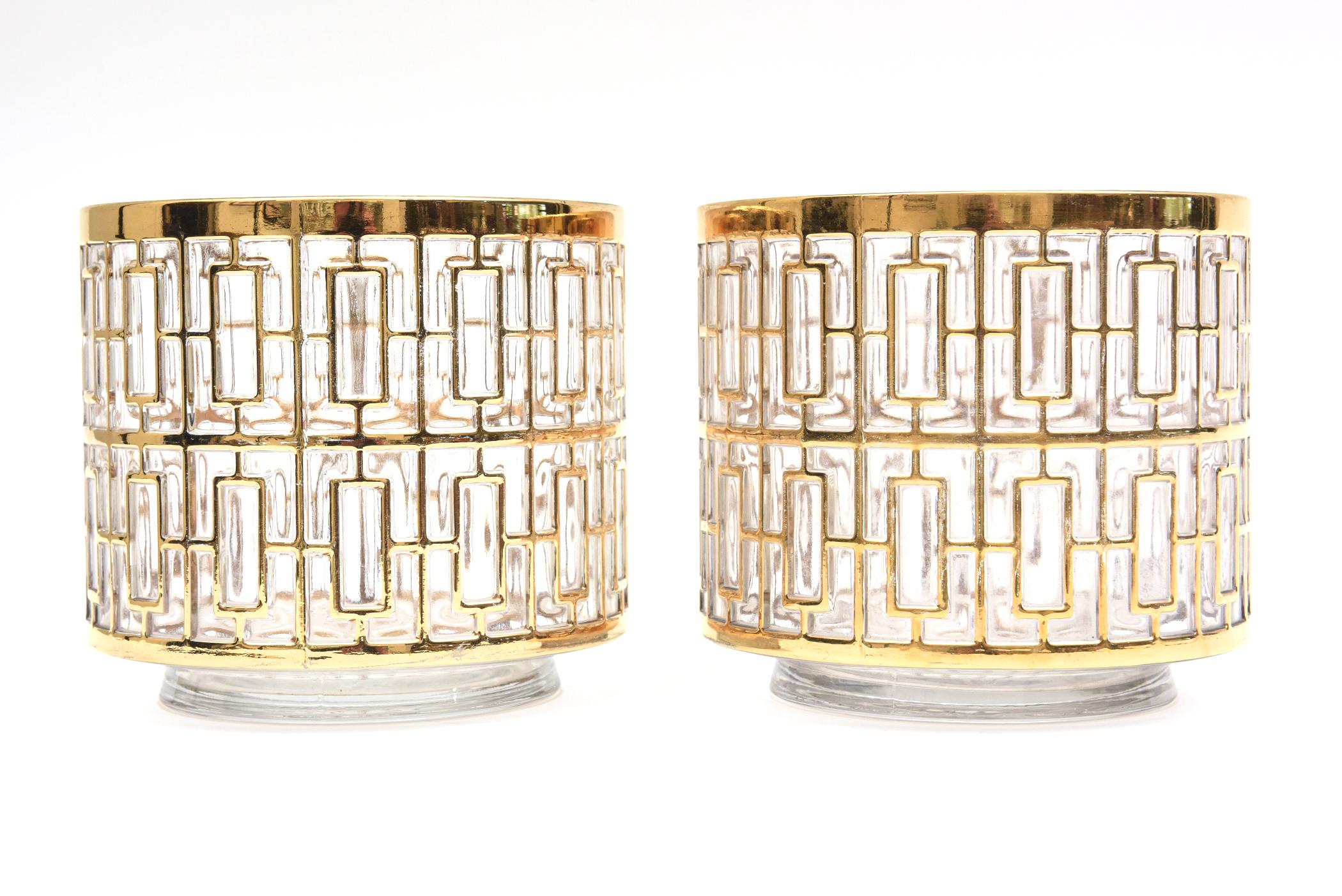 This pair of elegant vintage Imperial Glass Co. ice buckets have the iconic and collected 22 carat gold overlay over glass called the Shoji or greek key or trellis design. These are from the 60's and have the IG marking on the bottom. These are