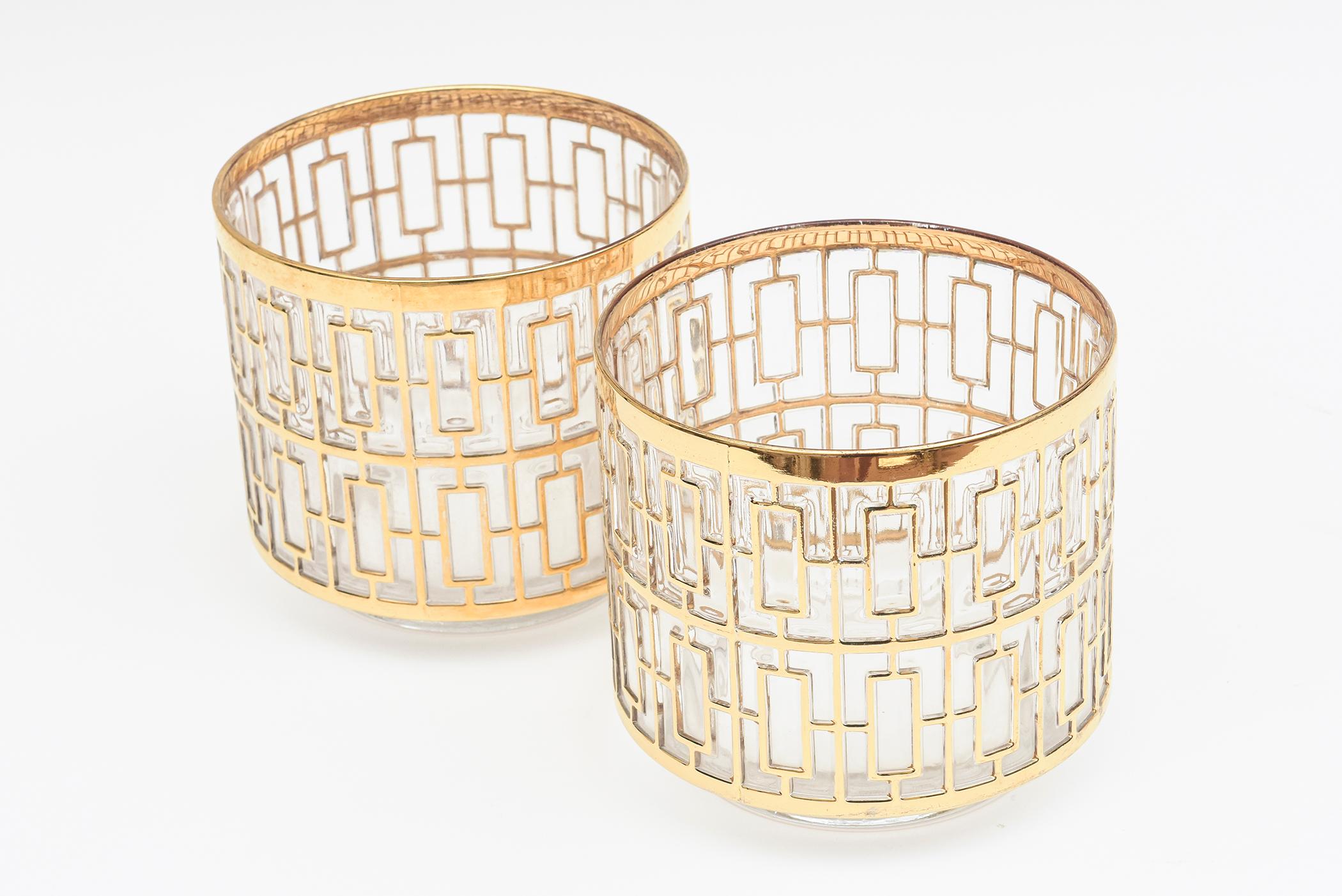Mid-Century Modern 22 Carat Gold Overlay Imperial Glass Shoji Screen Ice Buckets Pair of Barware en vente