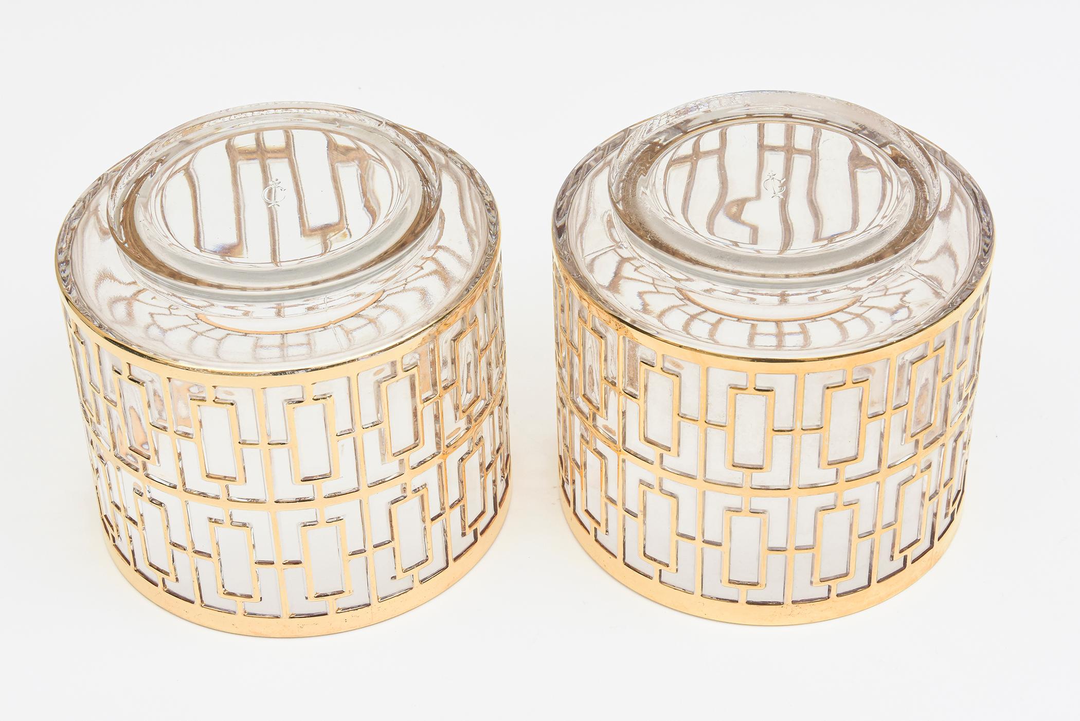 22 Carat Gold Overlay Imperial Glass Shoji Screen Ice Buckets Pair of Barware en vente 2