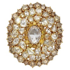 Vintage 22 Carat Multi-Color Rose Cut & Round Diamond Cluster 18K Gold Dome Ring