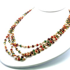 Vintage 22-Inch Jade, Coral, Pearl & Tourmaline Bead Necklace in 22K Yellow Gold