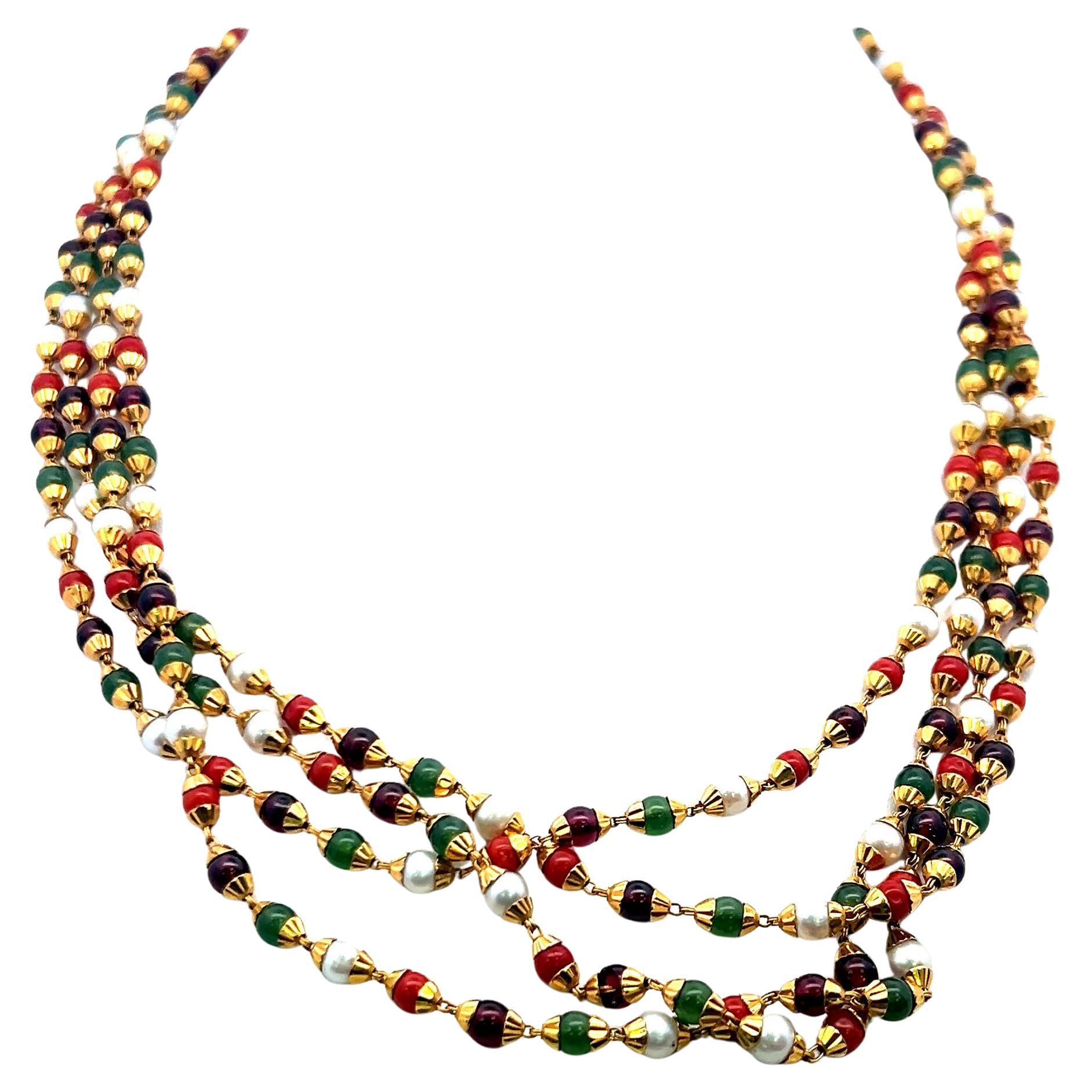 Collana vintage di 22 pollici con perle di giada, corallo, perle e tormalina in oro giallo 22 carati