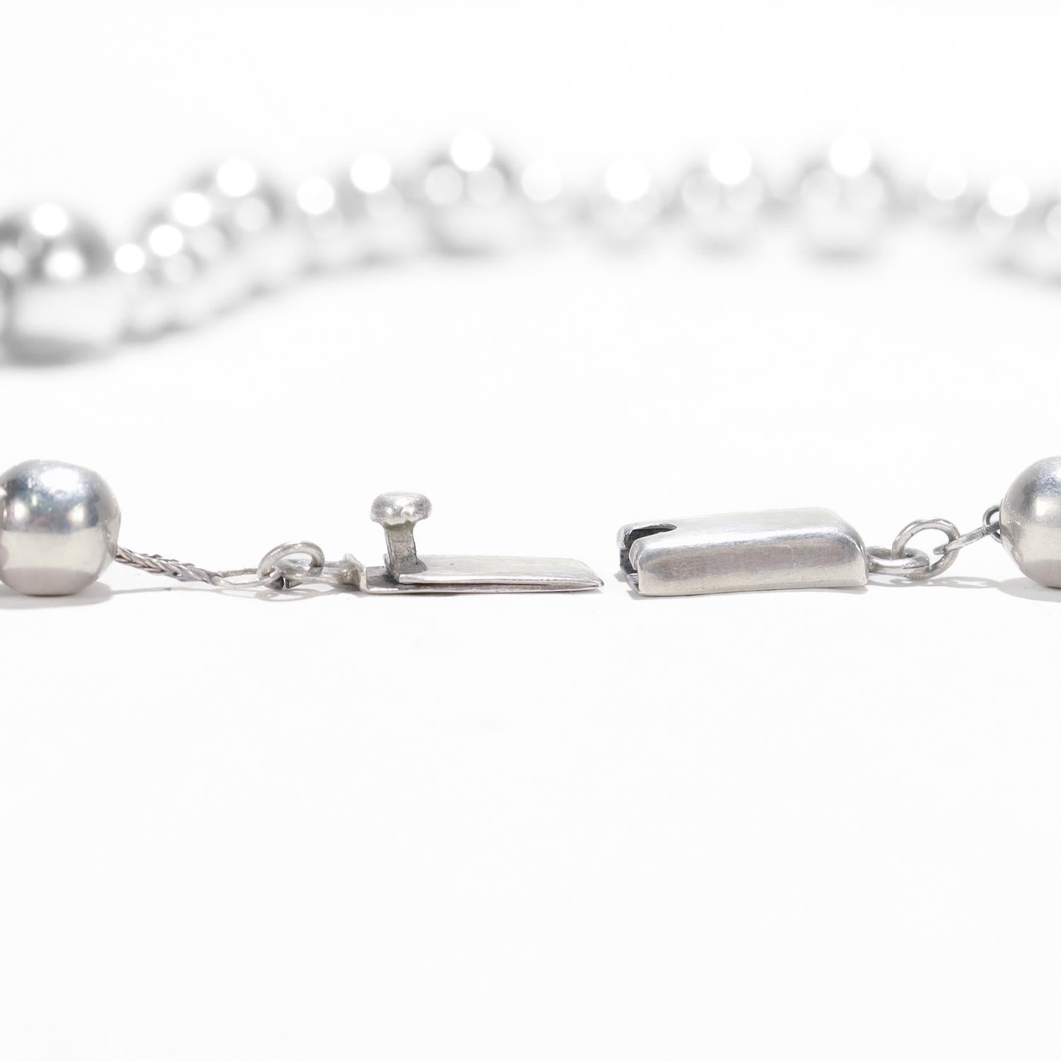 Vintage 22-Inch Mexican Sterling Silver Graduated Bead Necklace For Sale 10