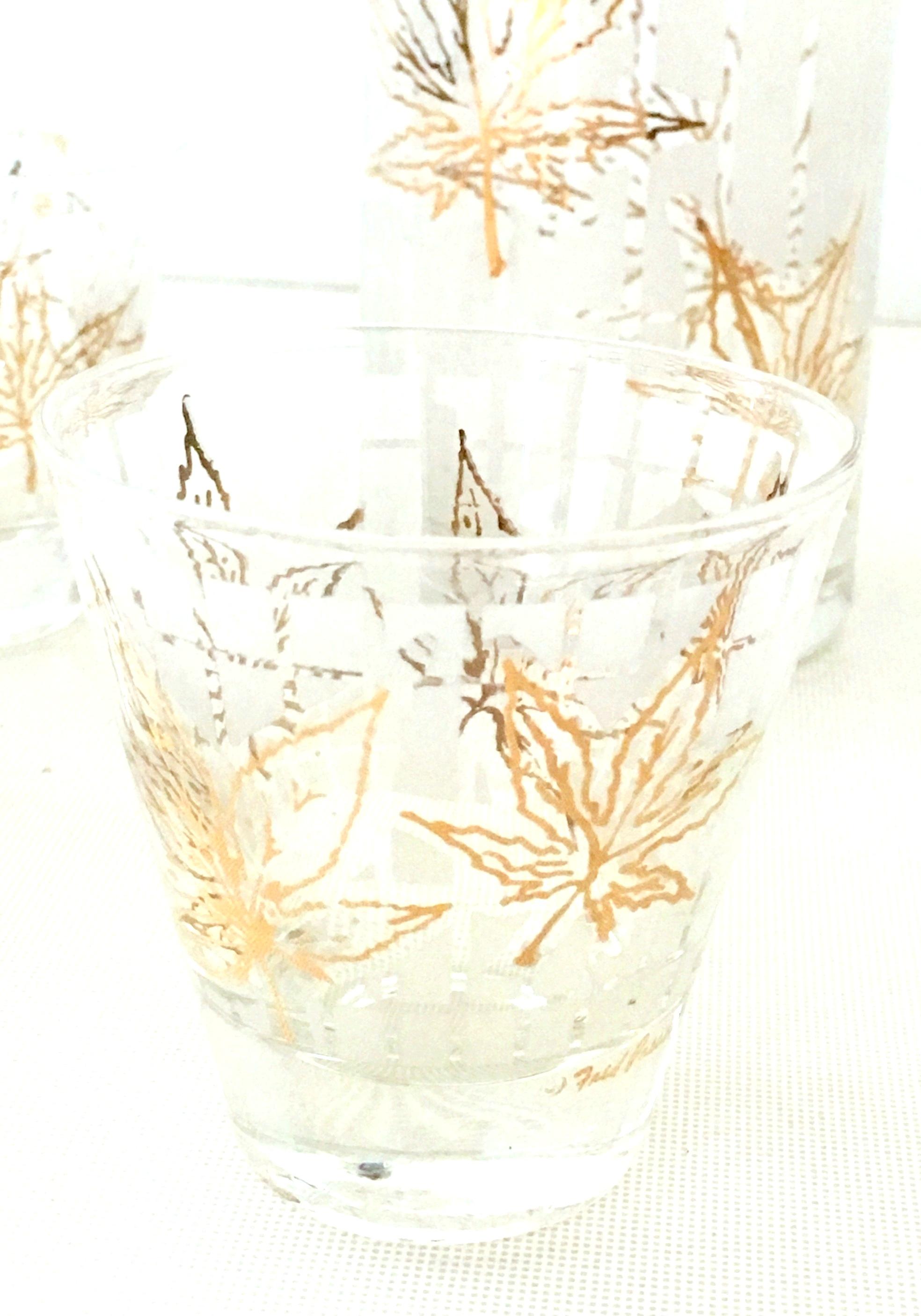 American Vintage 22-Karat Frosted Leaf Motif Glass Drinks Set of Six Pieces For Sale