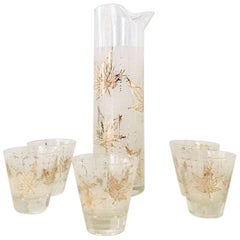 Vintage 22-Karat Frosted Leaf Motif Glass Drinks Set of Six Pieces