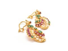 Vintage 22 Karat Gold Emerald, Ruby and Pearl Dangle Earrings, 11.25 Grams