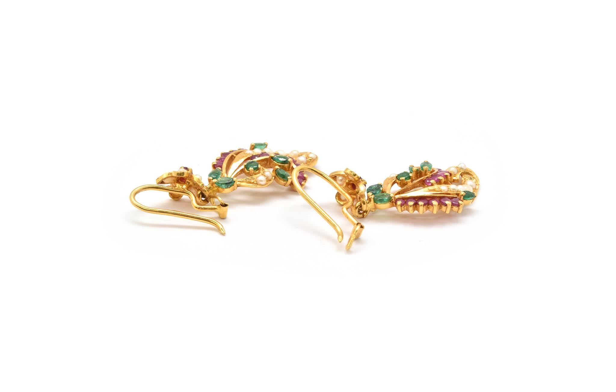 Contemporary Vintage 22 Karat Gold Emerald, Ruby and Pearl Dangle Earrings, 11.25 Grams