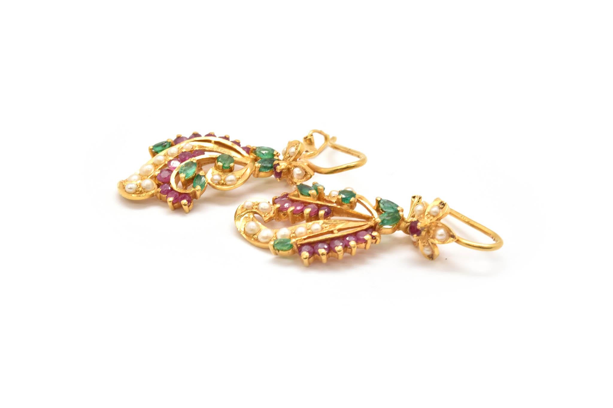 Vintage 22 Karat Gold Emerald, Ruby and Pearl Dangle Earrings, 11.25 Grams In New Condition In Scottsdale, AZ
